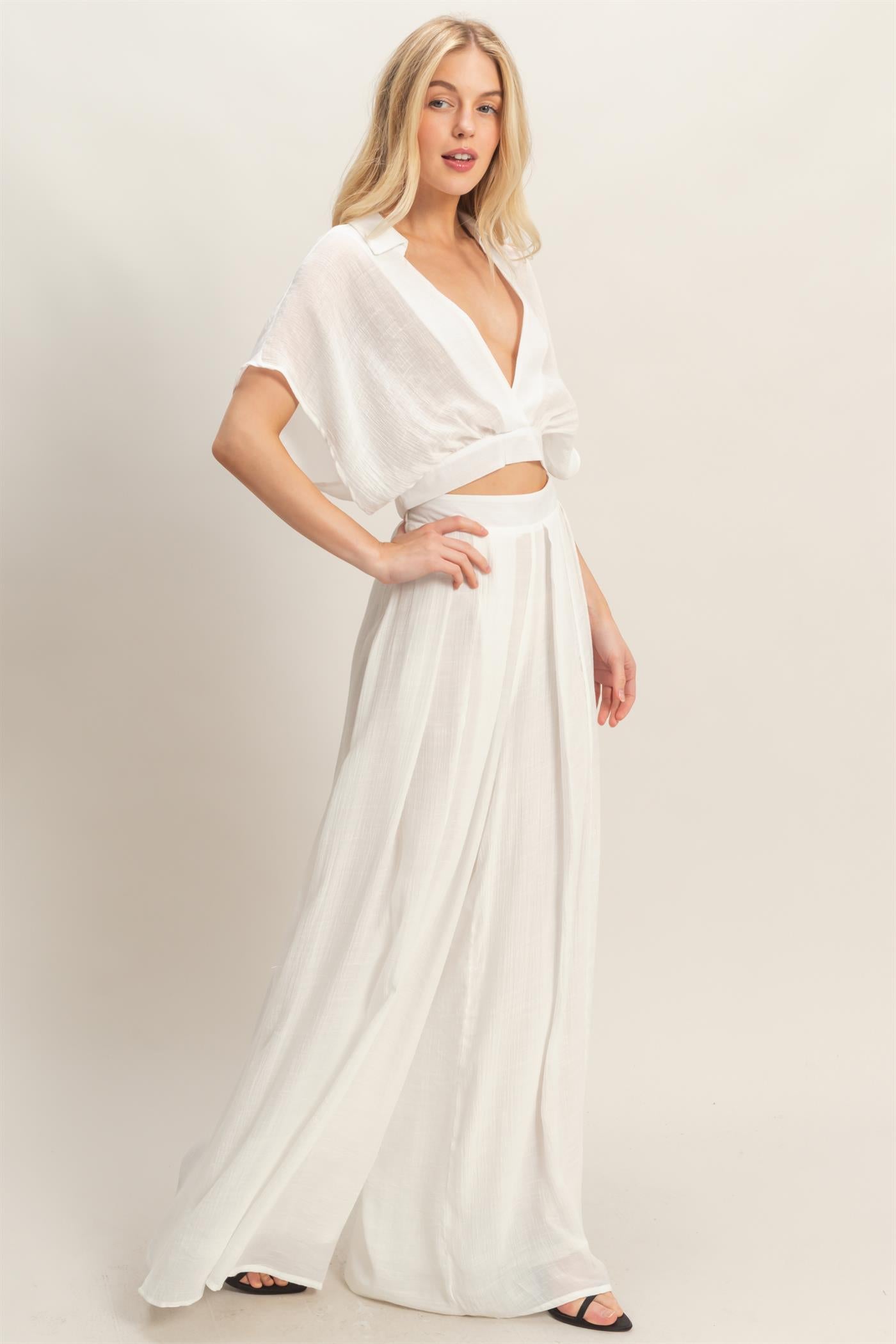 Wholesale Collared Wrap Top & Wide-Leg Pants Set Clothing HF26C286-SET-D WHITE HYFVE