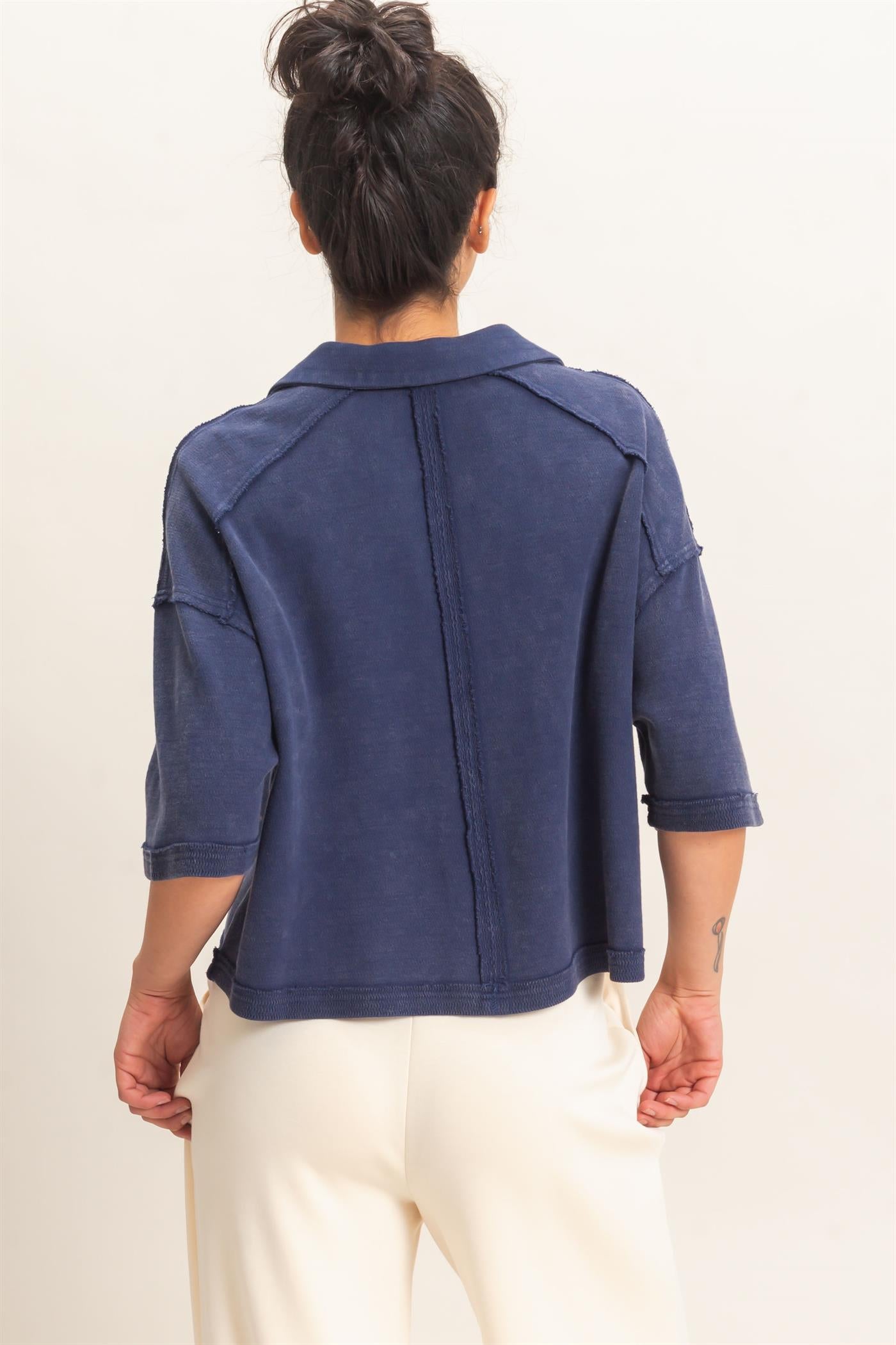 Wholesale Mineral Wash Oversized Collar Short Sleeve Top Clothing Tops DZ26E813 NAVY DOUBLE ZERO