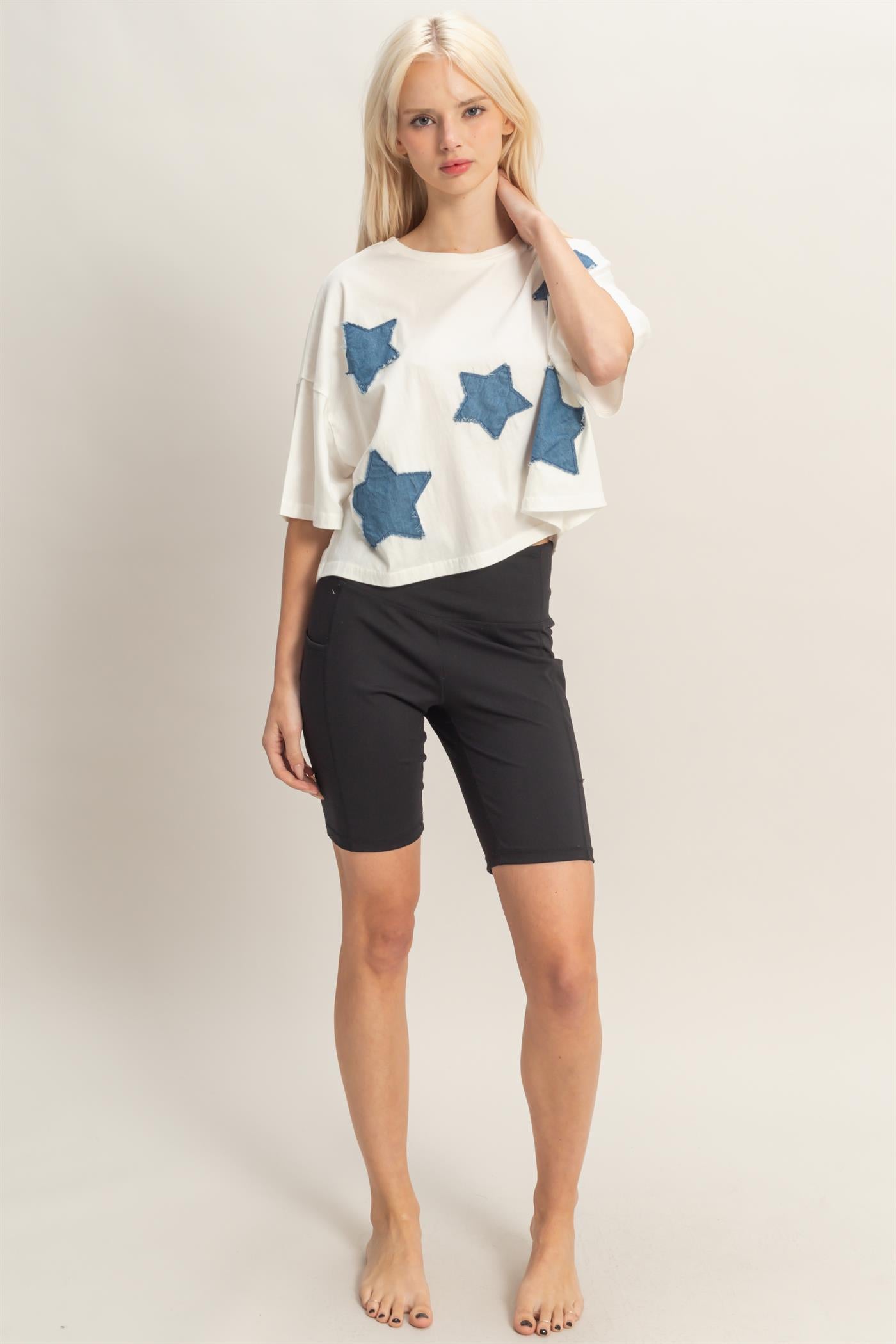 Wholesale Raw Edge Star Patch Top Clothing Tops DZ26C616 WHITE DOUBLE ZERO
