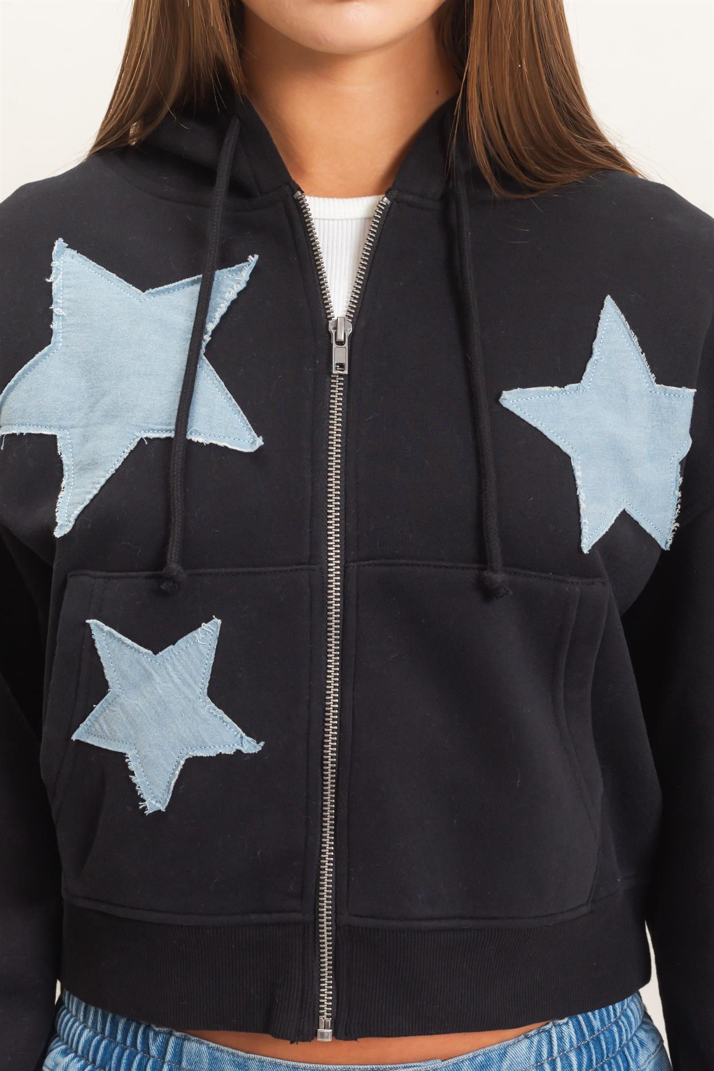 Wholesale Star Patch Zip-Up Hoodie Hoodies DZ26E828 BLACK DOUBLE ZERO