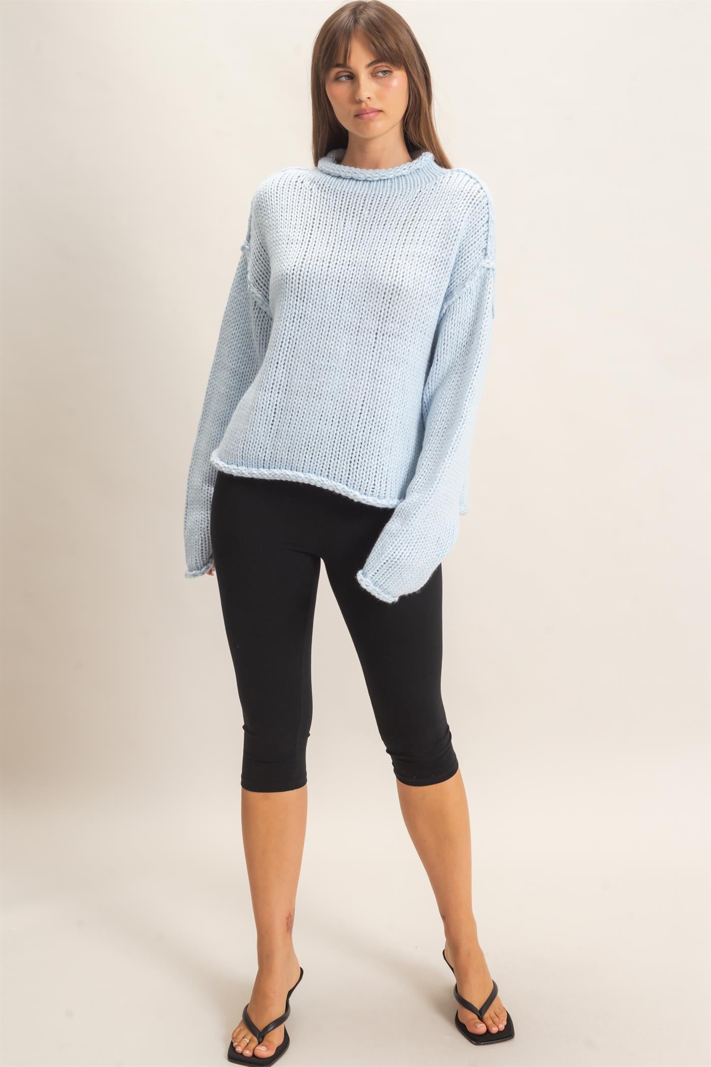 Wholesale Rolled Collar Loose Knit Sweater Sweaters HF26C859 LIGHT BLUE HYFVE