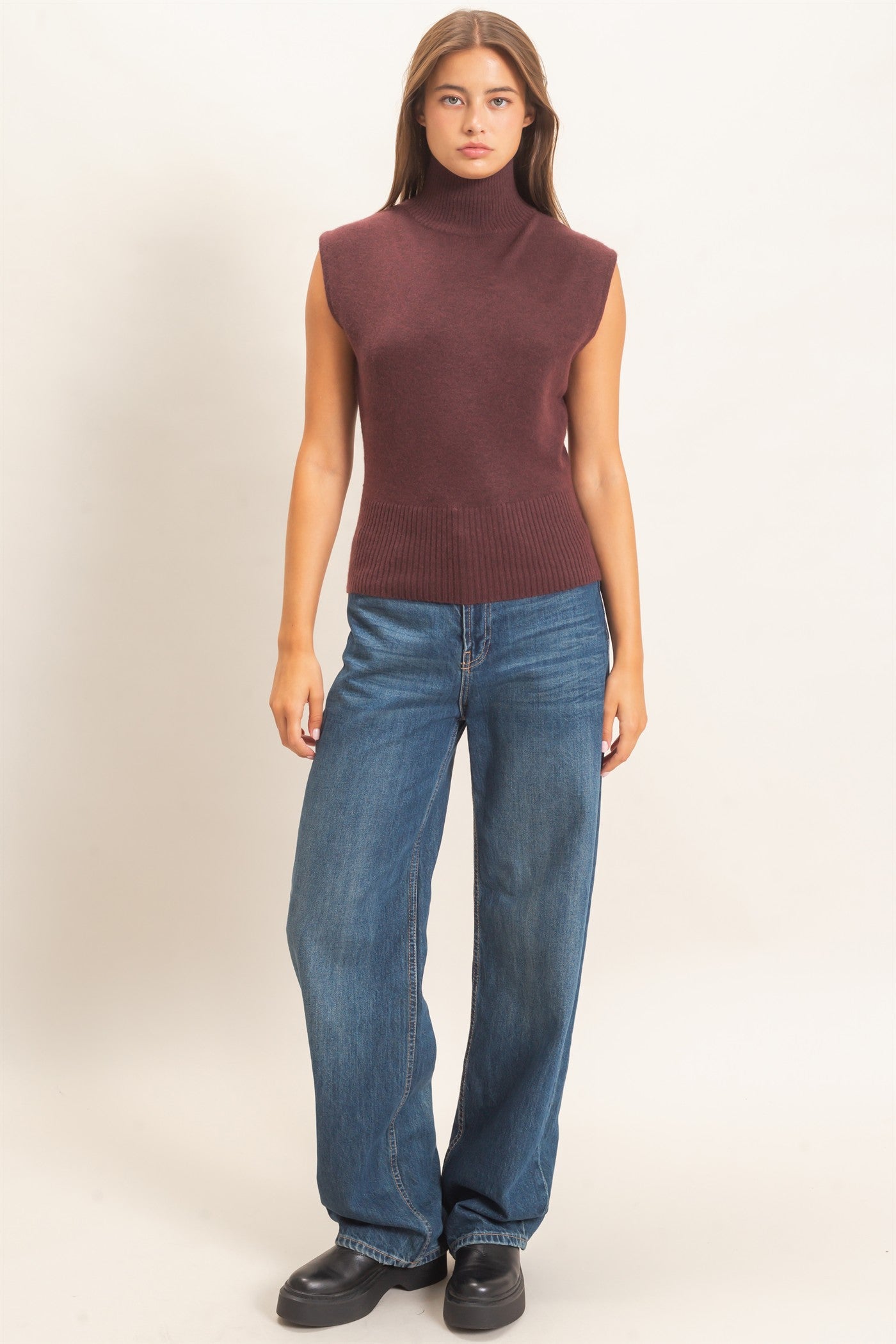 Wholesale Sleeveless High Neck Knit Top Clothing Tops DZ26E946 CHESTNUT DOUBLE ZERO