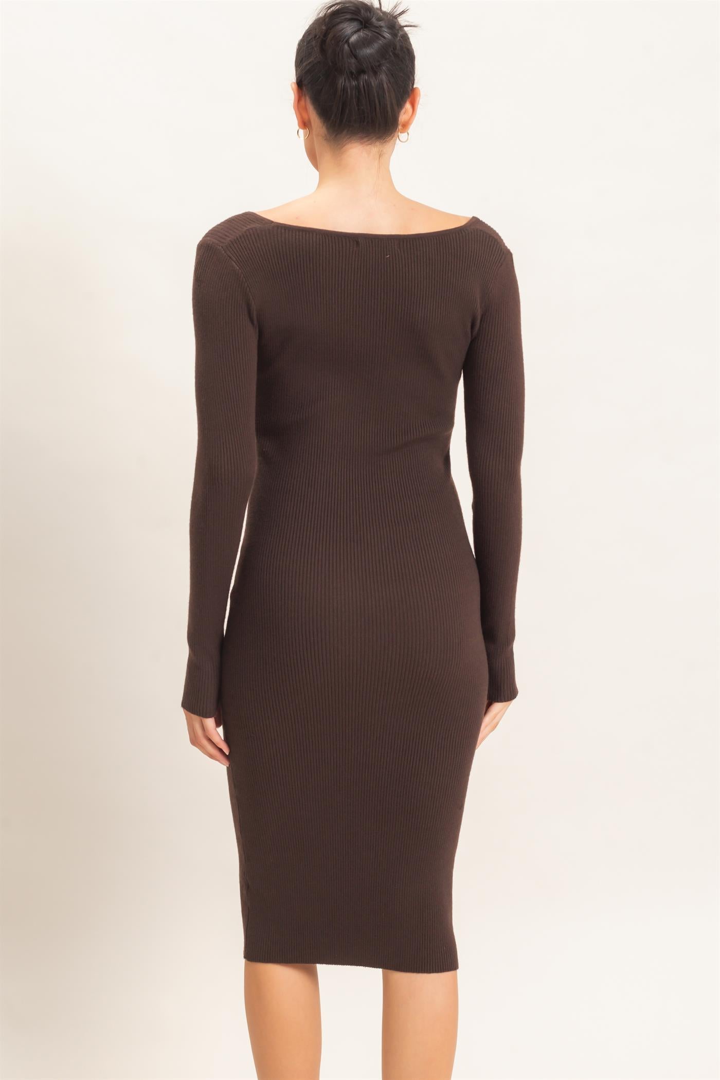 Wholesale Ribbed V-Neck Long Sleeve Dress Dresses HF26E217 DARK BROWN HYFVE