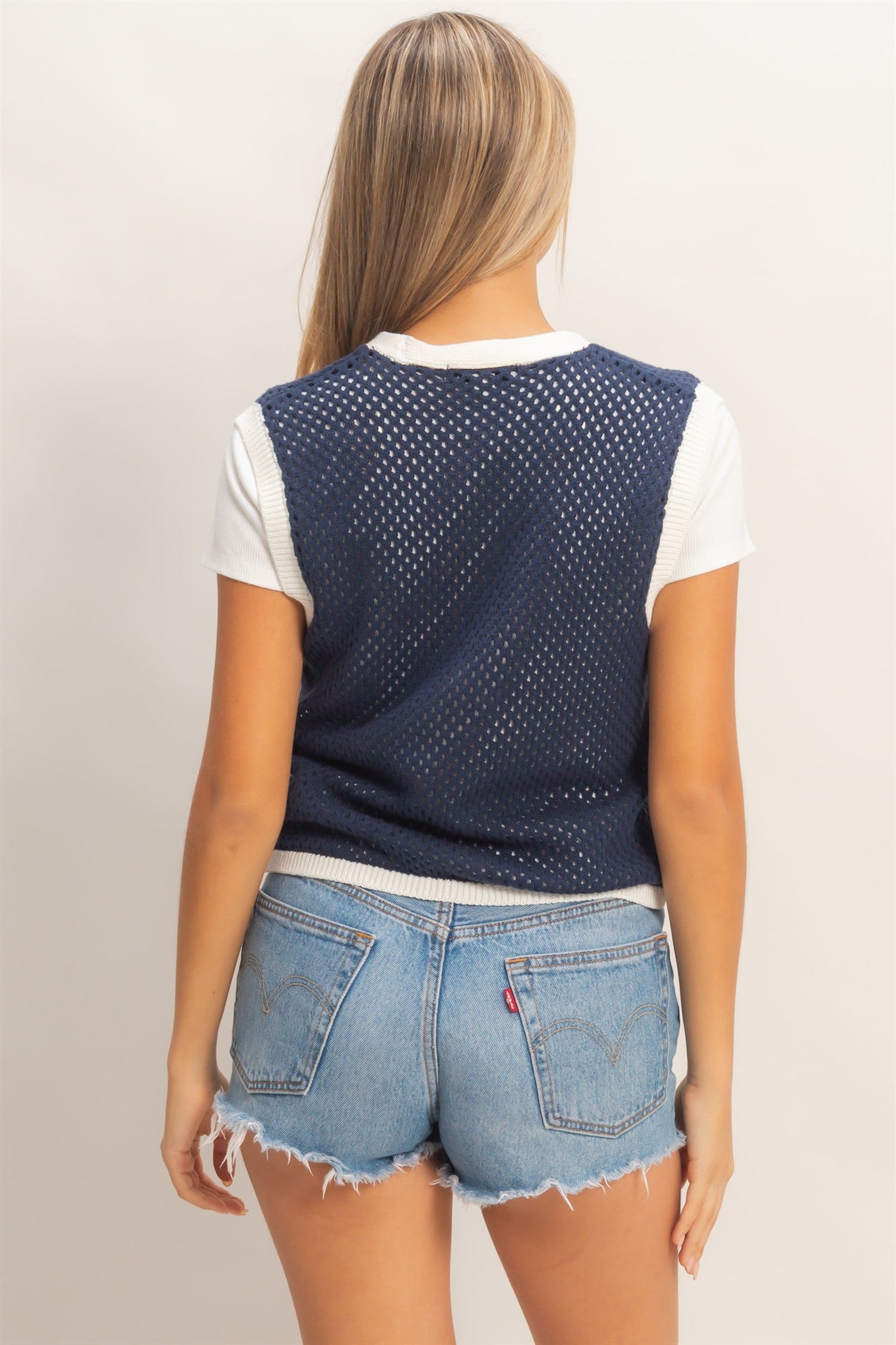 Wholesale Knit Vest With Tie Closure Sweaters HF26A238 NAVY/IVORY HYFVE