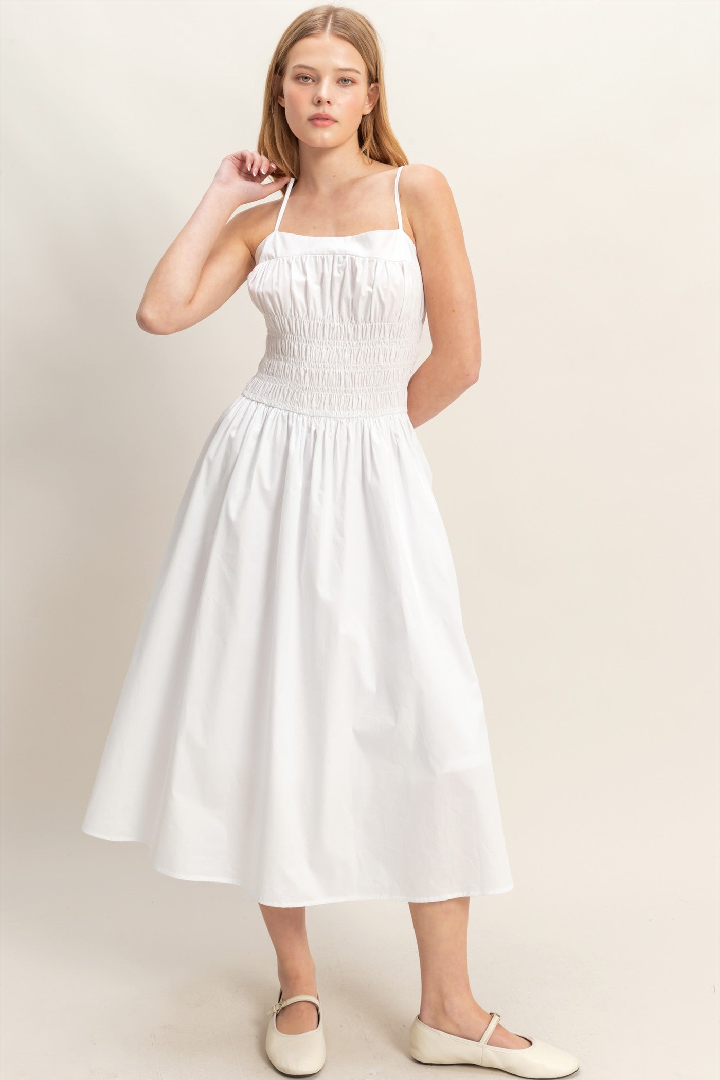 Wholesale Smocked Strapped Midi Dress Dresses HF26A624 WHITE HYFVE