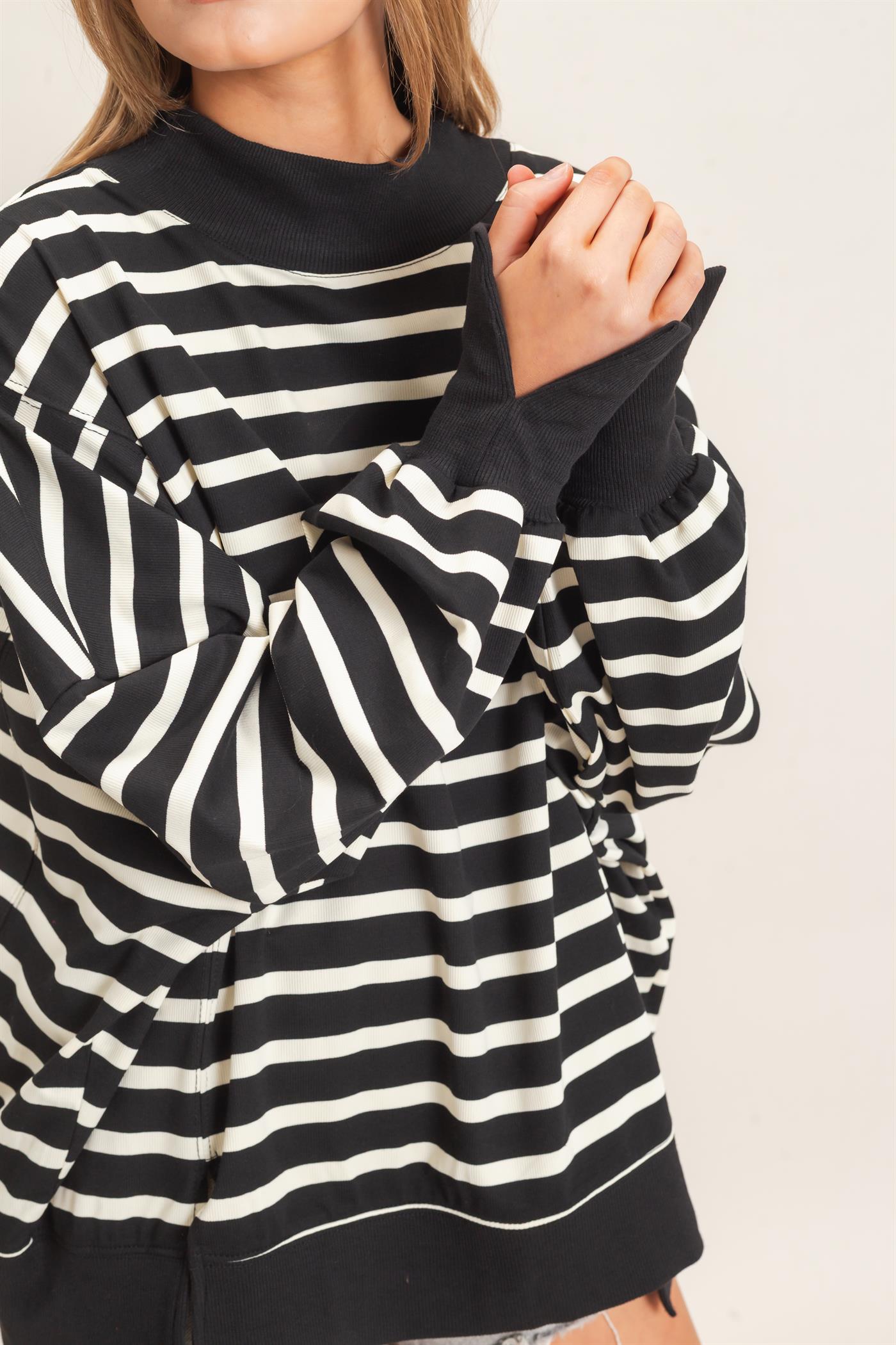 Wholesale Striped Mock Neck Sweatshirt Sweatshirts HF27A178-D BLACK/CREAM HYFVE