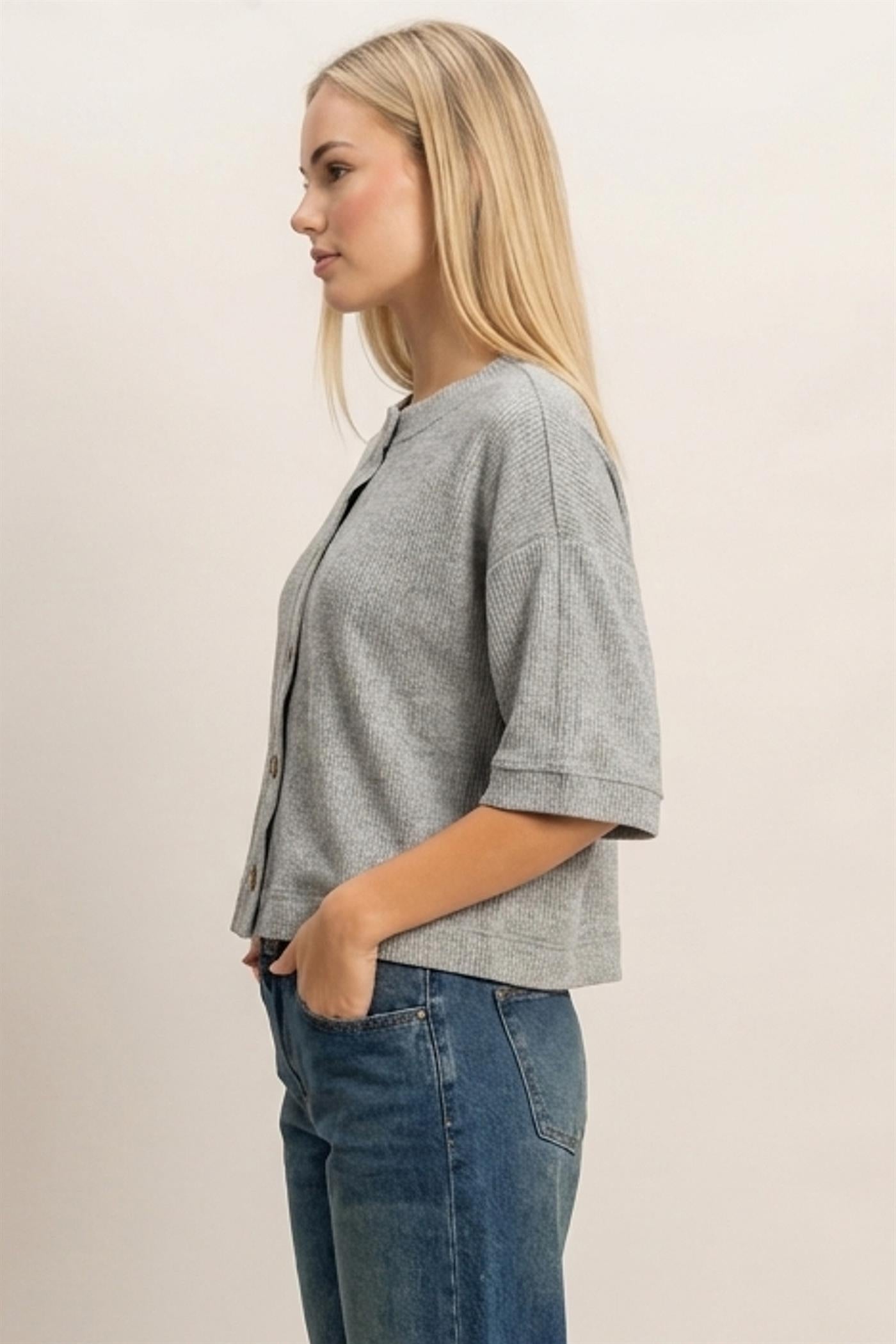 Wholesale Button-Down Short Sleeve Waffle Top Clothing Tops DZ26F244 HEATHER GRAY DOUBLE ZERO