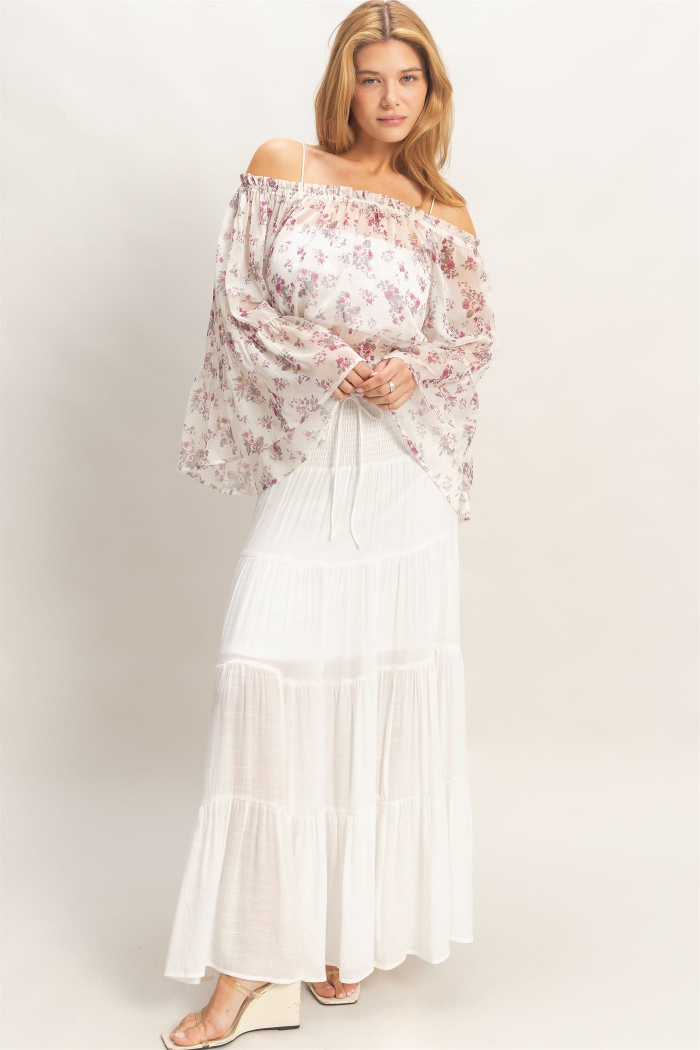 Wholesale Floral Off Shoulder Top Blouses HF26E647 ROSE WINE HYFVE