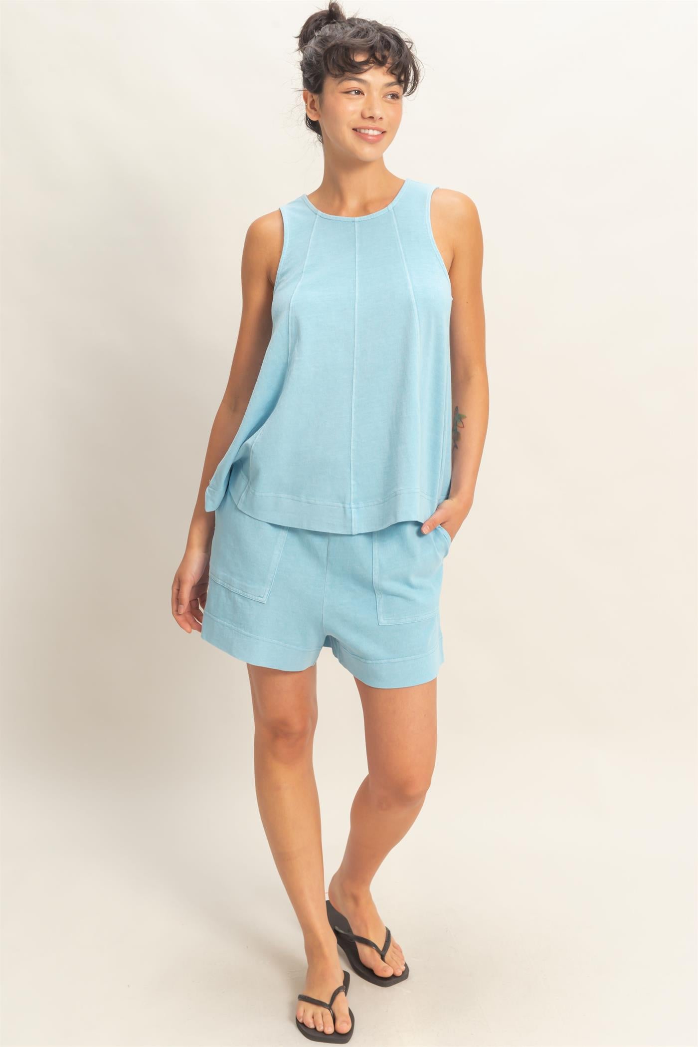 Wholesale Sleeveless Round Neck Top & Shorts Set Clothing DZ26C730-SET BLUE DOUBLE ZERO