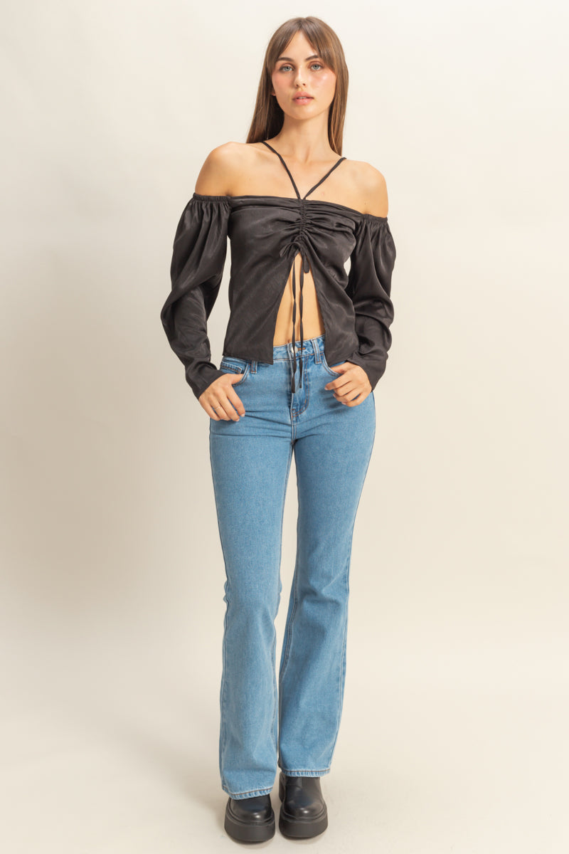 Wholesale Tie-Front Off-Shoulder Blouse Clothing Tops FS22E859 BLACK HYFVE