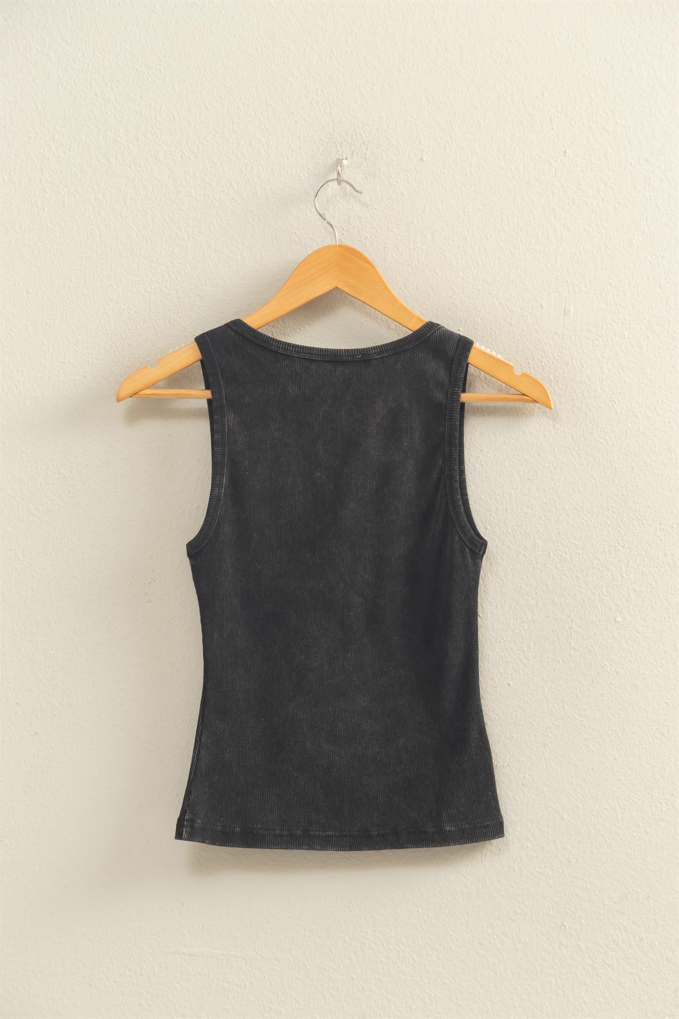 Wholesale Acid Washed Henley Ribbed Tank Top Tank Tops DZ26C661 BLACK DOUBLE ZERO
