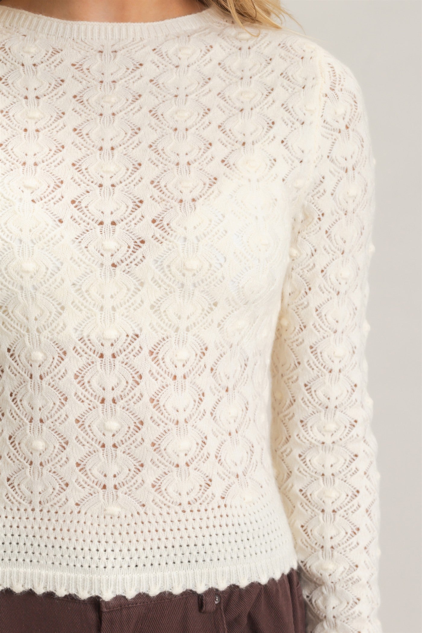Wholesale Crochet Scalloped Hem Sweater Sweaters HF26F195 CREAM HYFVE