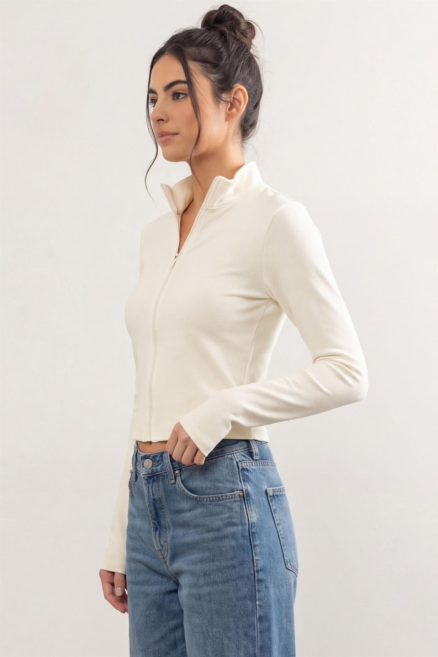 Wholesale Mock Neck Long Sleeve Zip Up Top Clothing Tops DZ26E911 CREAM DOUBLE ZERO