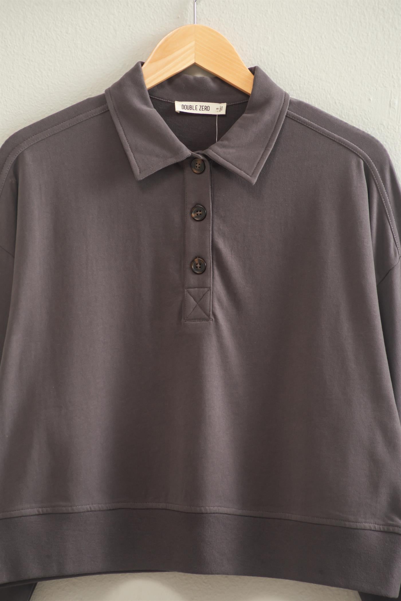 Wholesale Washed Button-Front Collared Sweatshirt Sweatshirts DZ26E390 CHARCOAL DOUBLE ZERO