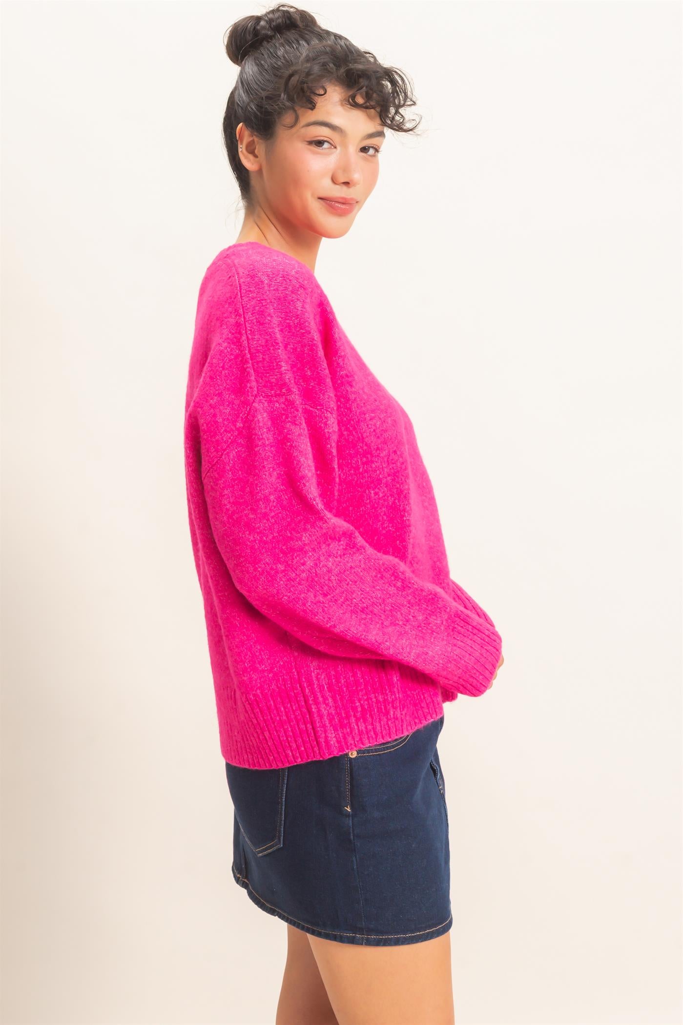 Wholesale Relaxed Fit Crew Neck Sweater Sweaters DZ26E956 FUCHSIA DOUBLE ZERO