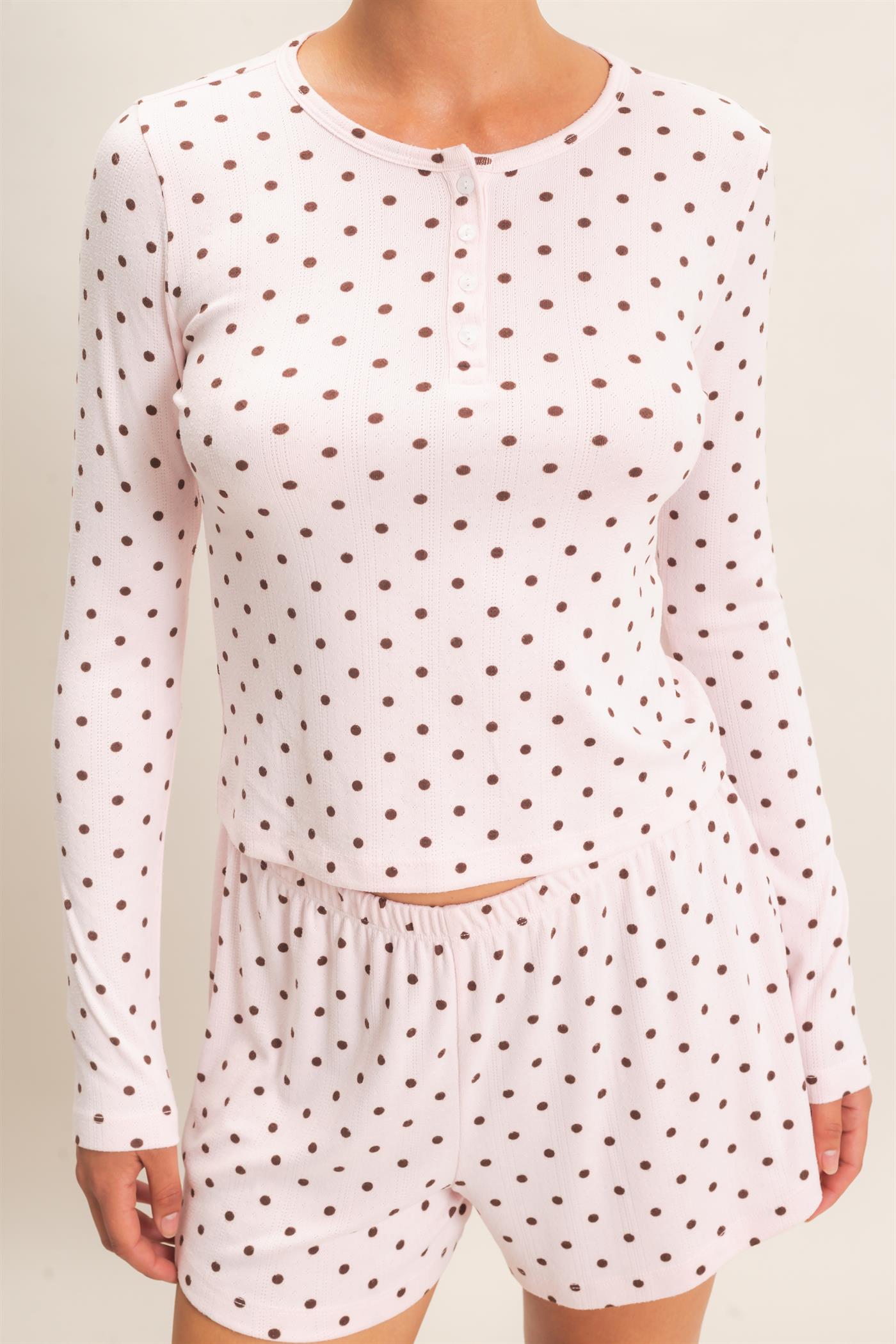 Wholesale Polka Dot Henley Long Sleeve Top & Shorts Set Clothing DZ27A154-SET LIGHT PINK DOUBLE ZERO