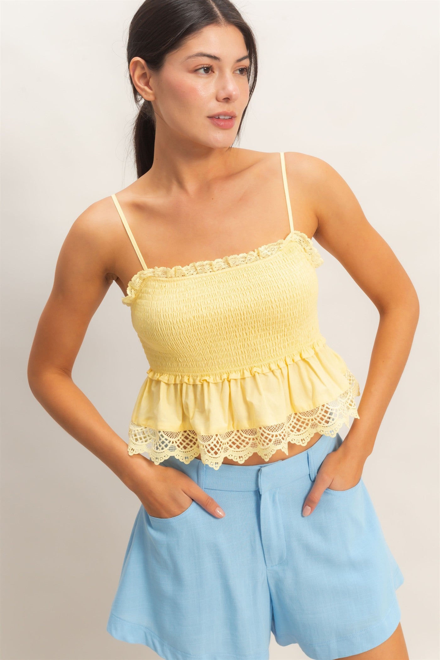 Wholesale Smocked Peplum Top With Lace Trim Clothing Tops HF26C558 YELLOW HYFVE