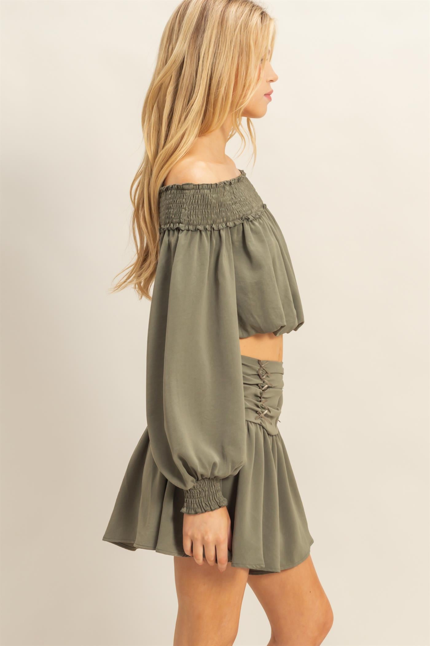 Wholesale Romantic Off Shoulder Top And Gathered Skirt Set Clothing HF25A243-SET OLIVE HYFVE