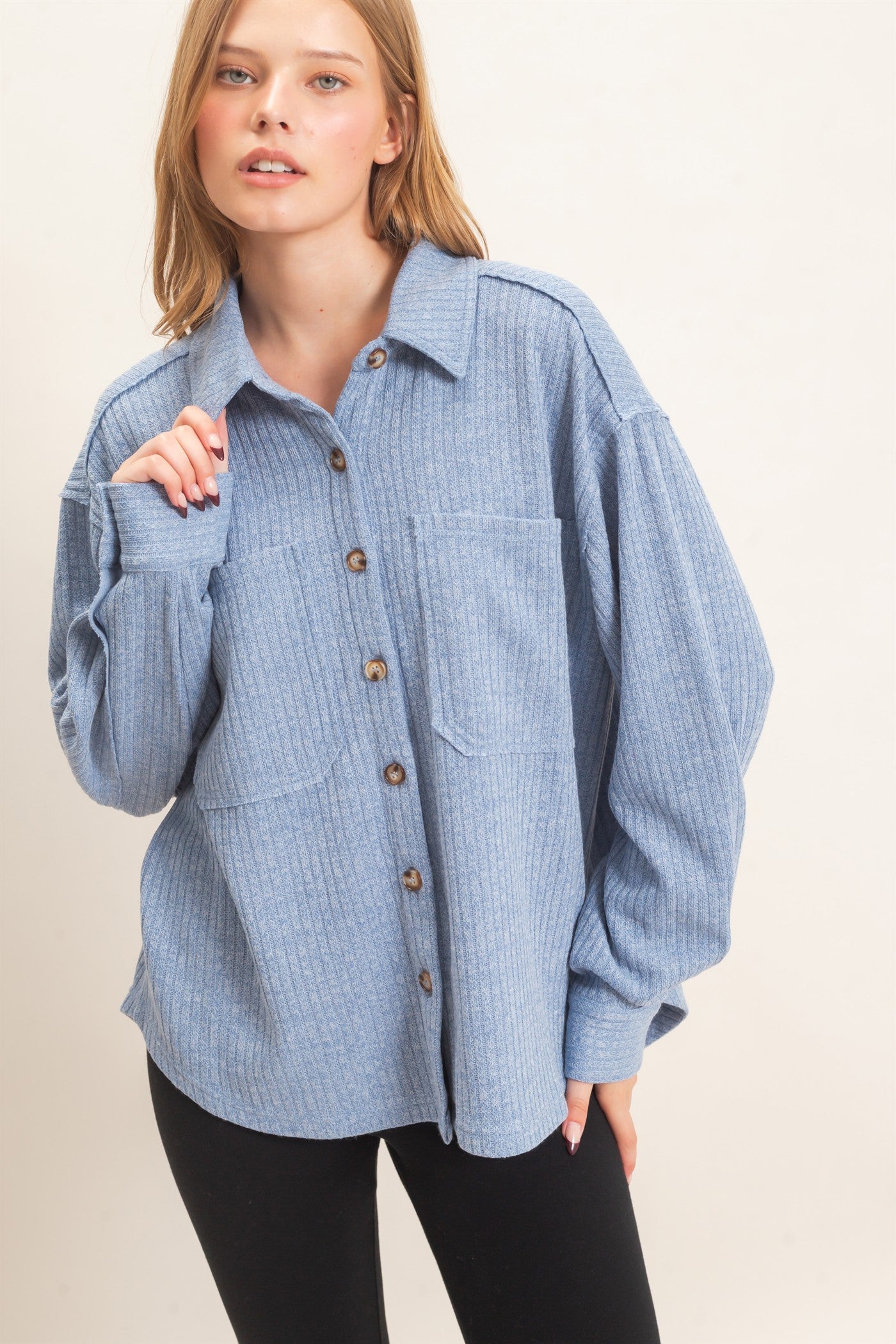 Wholesale Corduroy Button-Up Shirt Shirts HF26F138 BLUE HYFVE