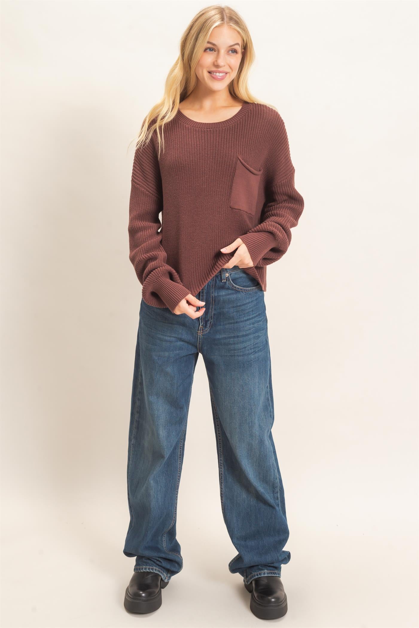 Wholesale Ribbed Drop Shoulder Sweater Sweaters HF26F181 BROWN HYFVE