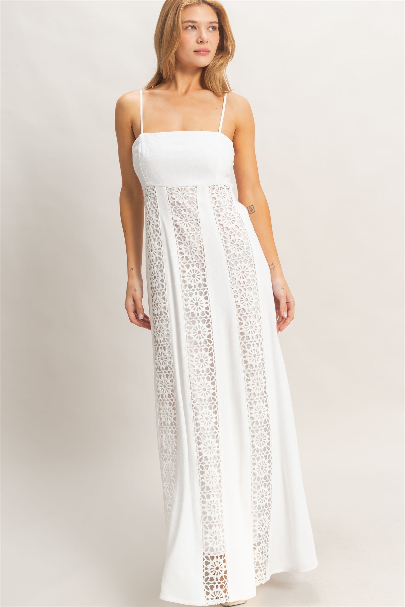 Wholesale Woven Lace Trim Maxi Dress Dresses HF26A498 WHITE HYFVE