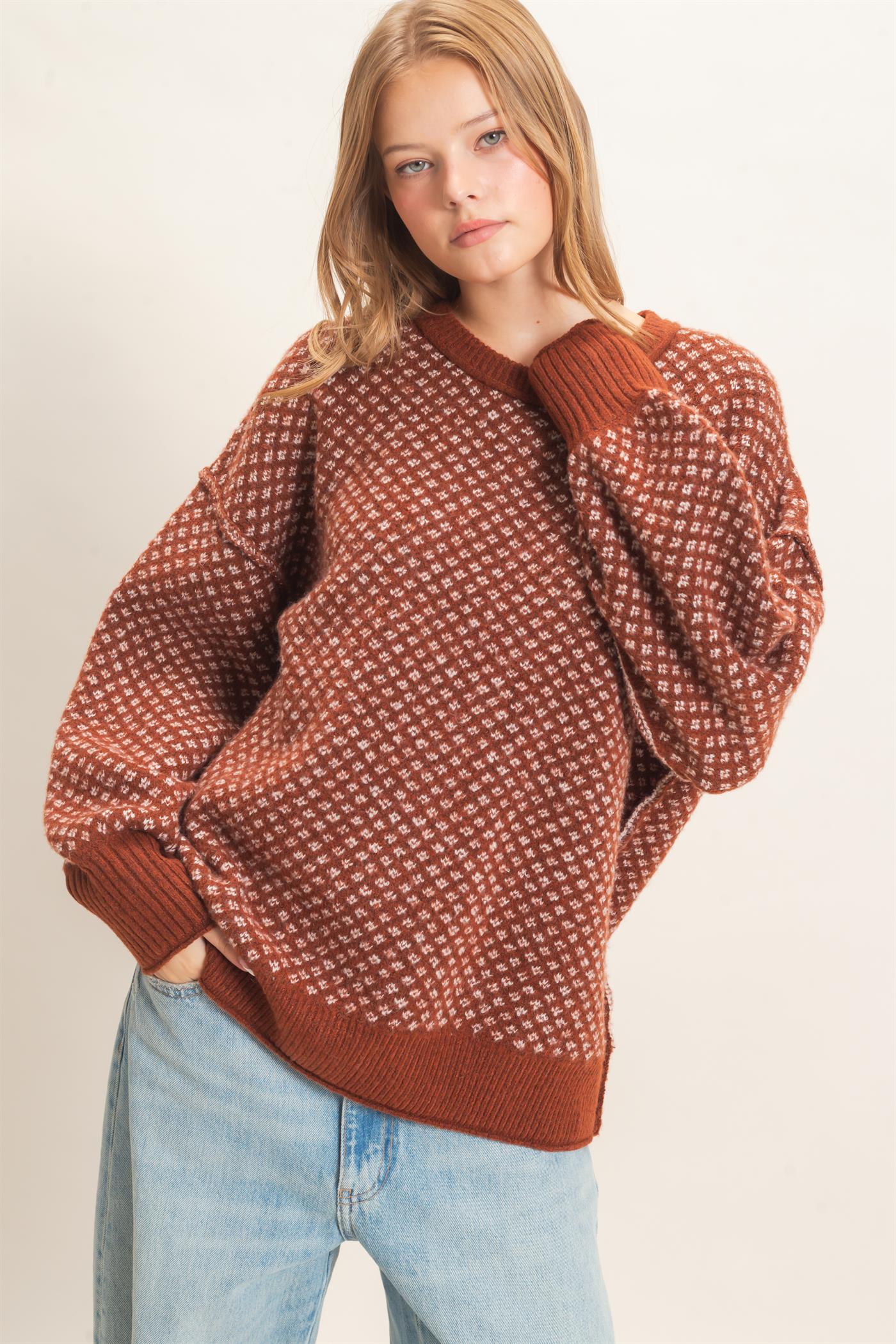 Wholesale Diamond Jacquard Knit Sweater Sweaters HF26E891 BROWN GINGER HYFVE