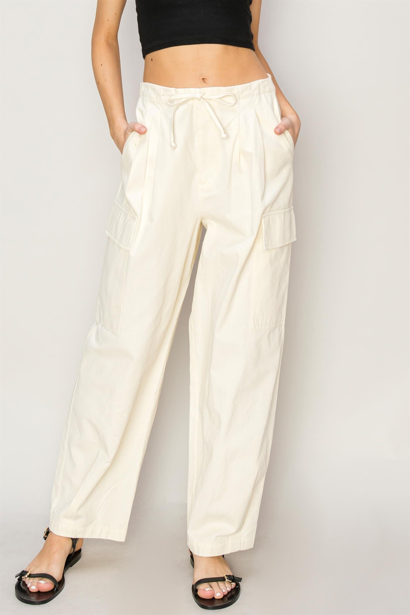 Wholesale High Waist Drawstring Cargo Pants Pants DZ24A650 CREAM DOUBLE ZERO