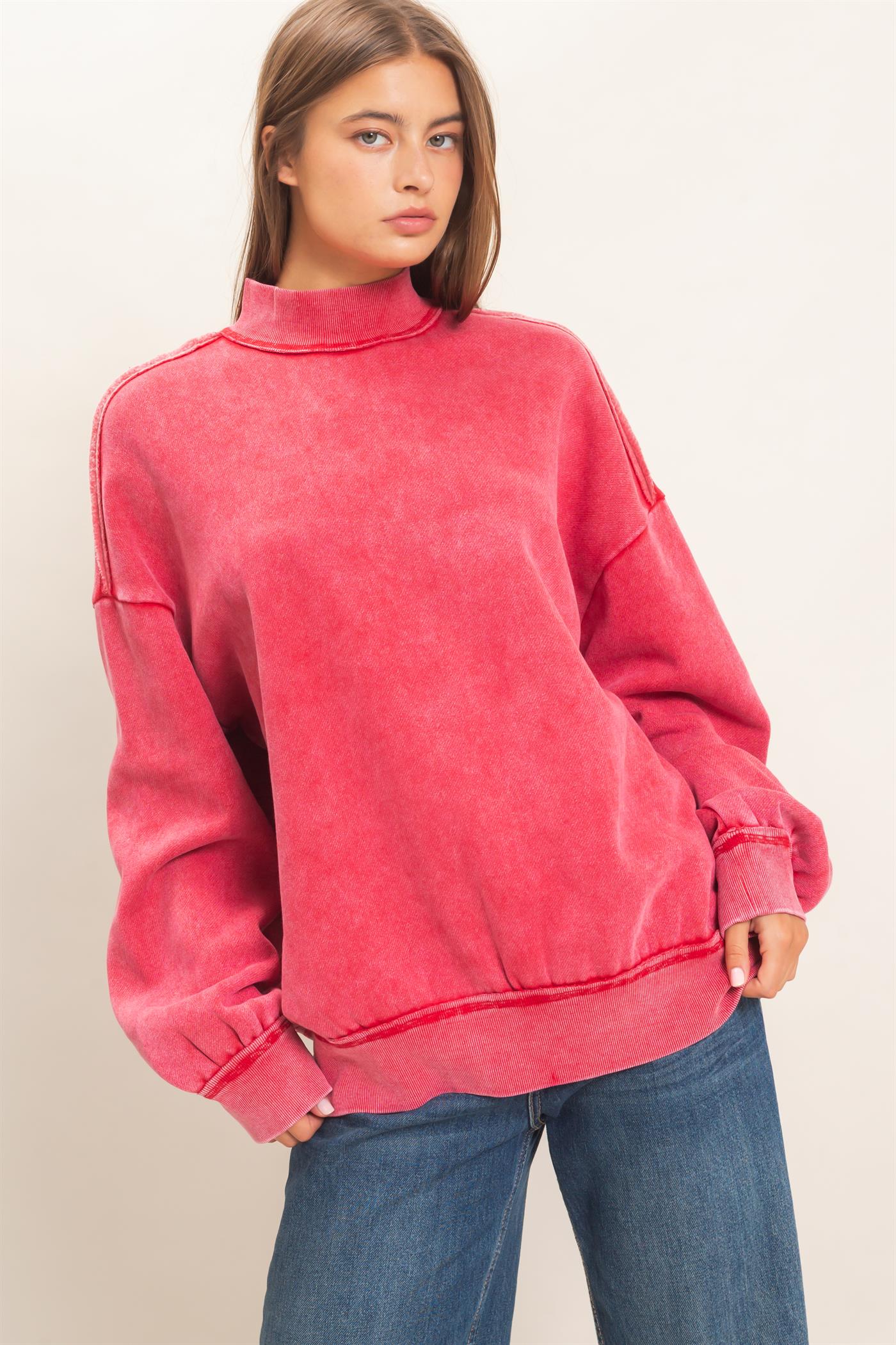 Wholesale Acid Washed Mock Neck Sweatshirt Sweatshirts DZ26E656 RED DOUBLE ZERO