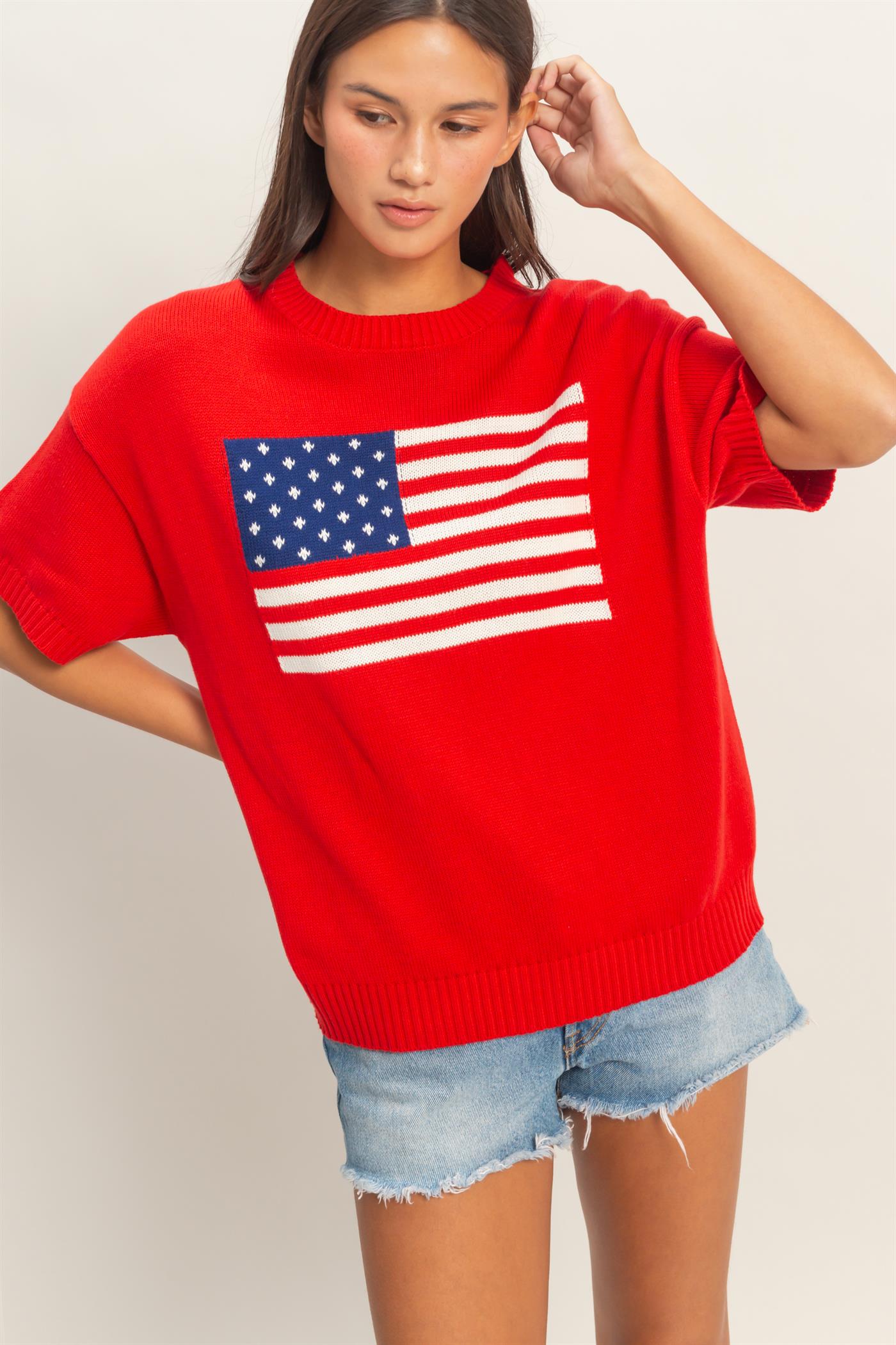 Wholesale American Flag Knit Top Shirts DZ26A309 RED DOUBLE ZERO