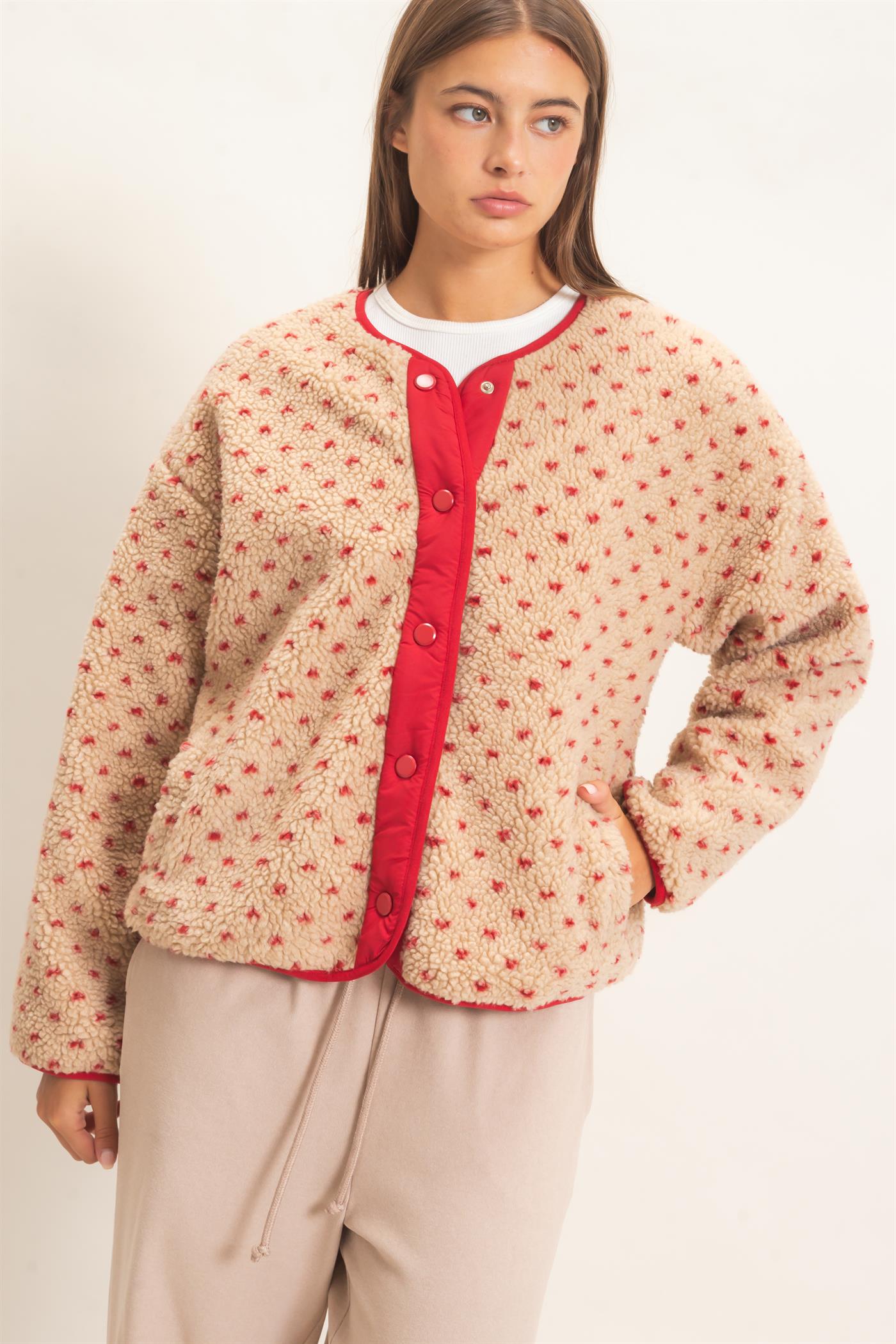 Wholesale Polka Dot Sherpa Jacket Coats & Jackets DZ26F160 RED DOUBLE ZERO