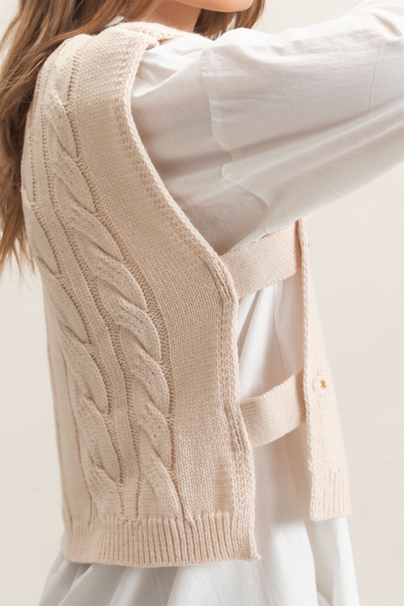 Wholesale Cable Knit Vest With Side Buttons Sweaters HF26F193 CREAM HYFVE