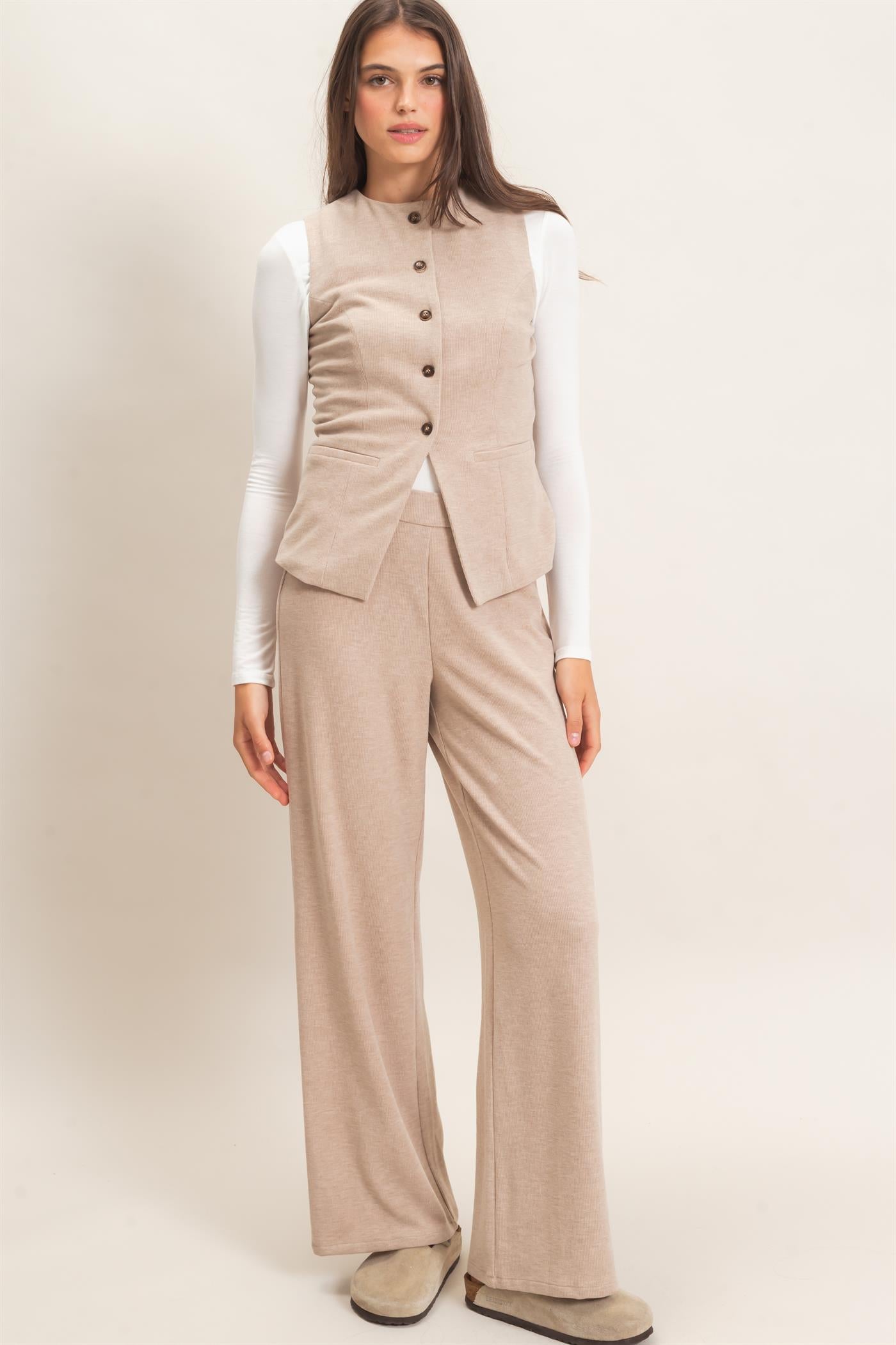Wholesale Button-Up Vest And Pant Set Clothing HF26F226-SET-D TAUPE HYFVE