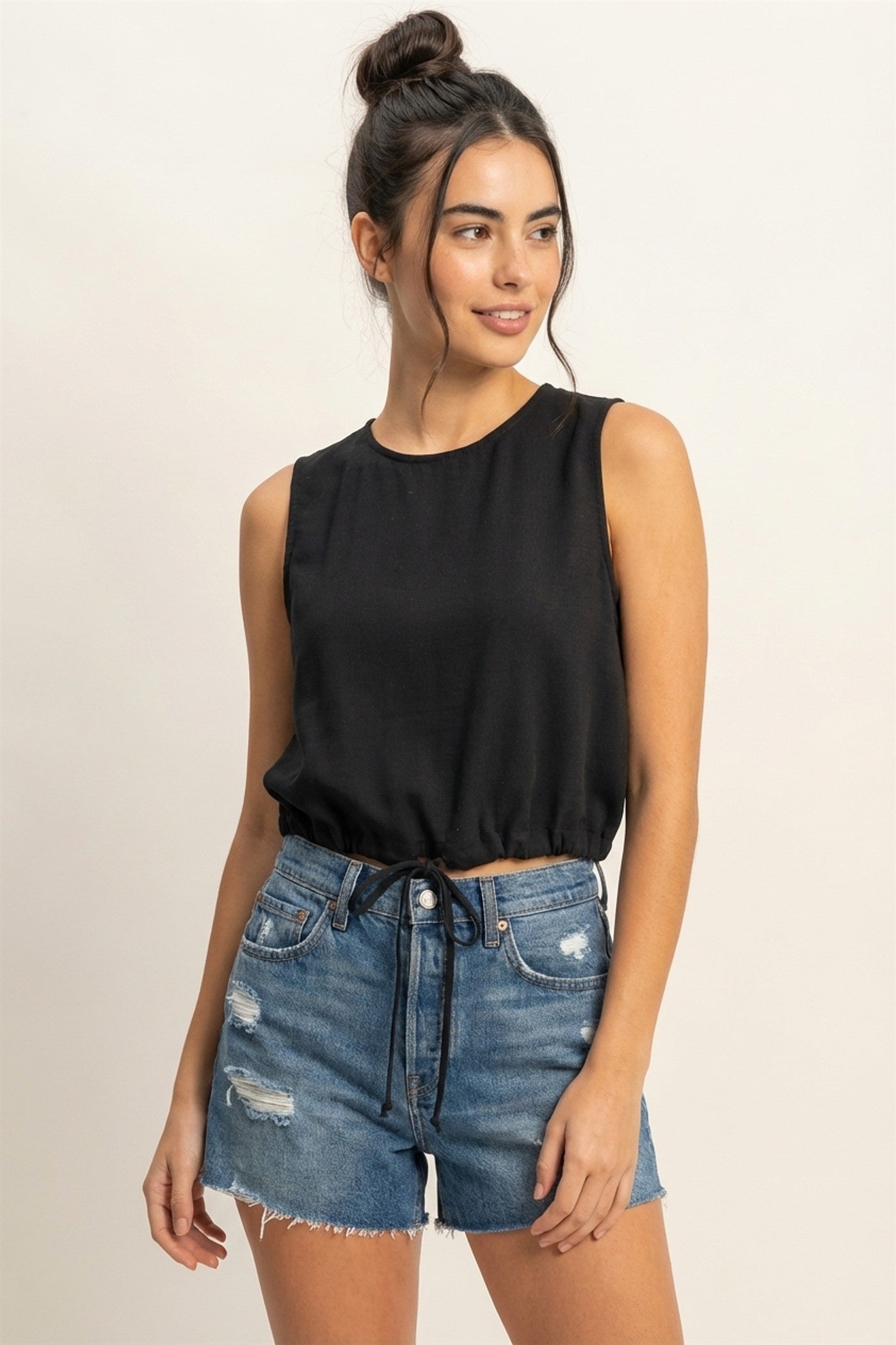 Wholesale Sand Washed Sleeveless Crop Top Clothing Tops DZ25C515 BLACK DOUBLE ZERO