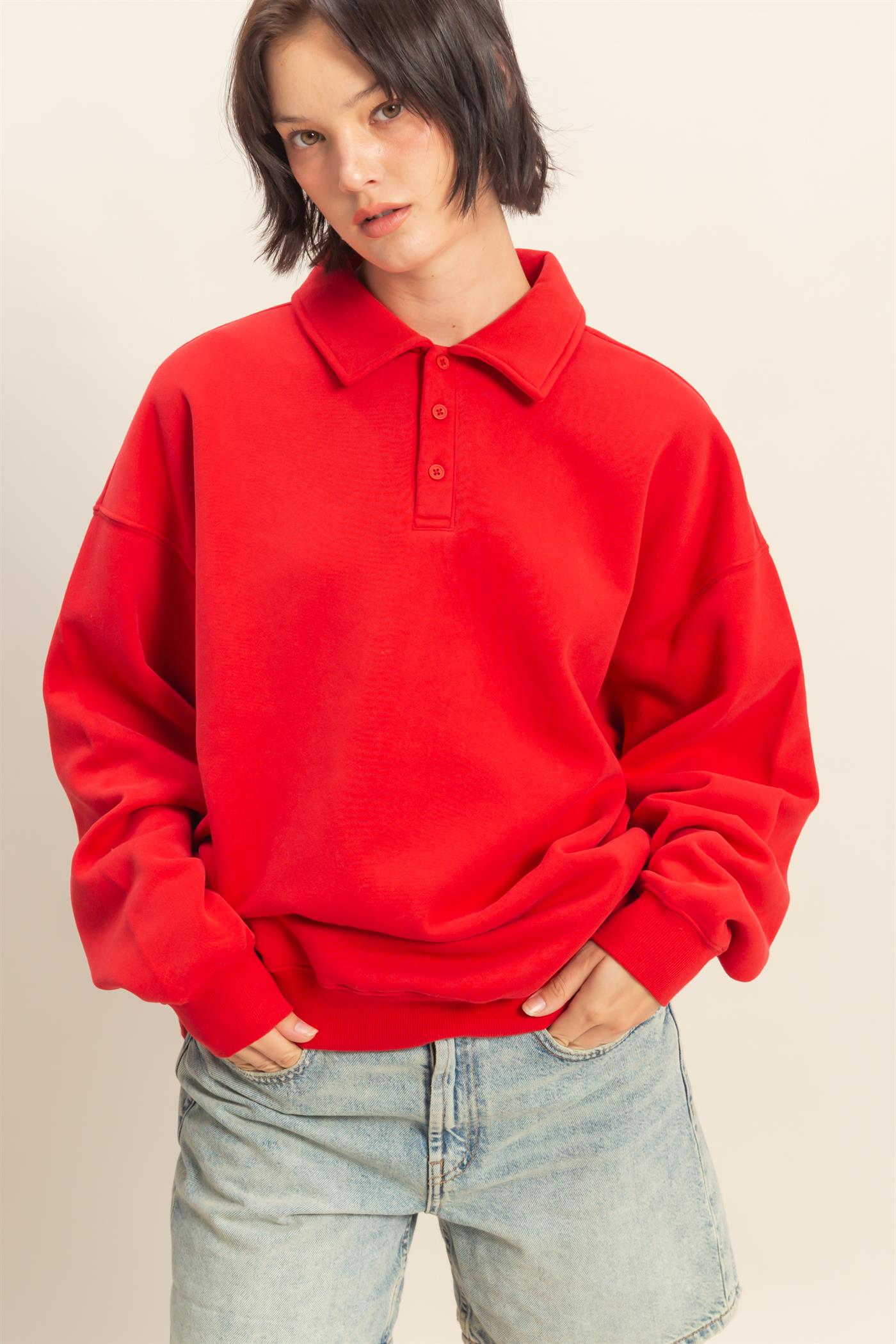 Wholesale Oversized Polo Collared Pullover Sweatshirts DZ25F074 RED DOUBLE ZERO