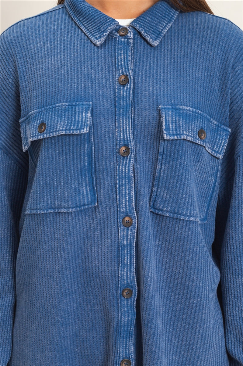 Wholesale Mineral Wash Waffle Knit Button-Up Shacket Coats & Jackets DZ26E249 NAVY DOUBLE ZERO