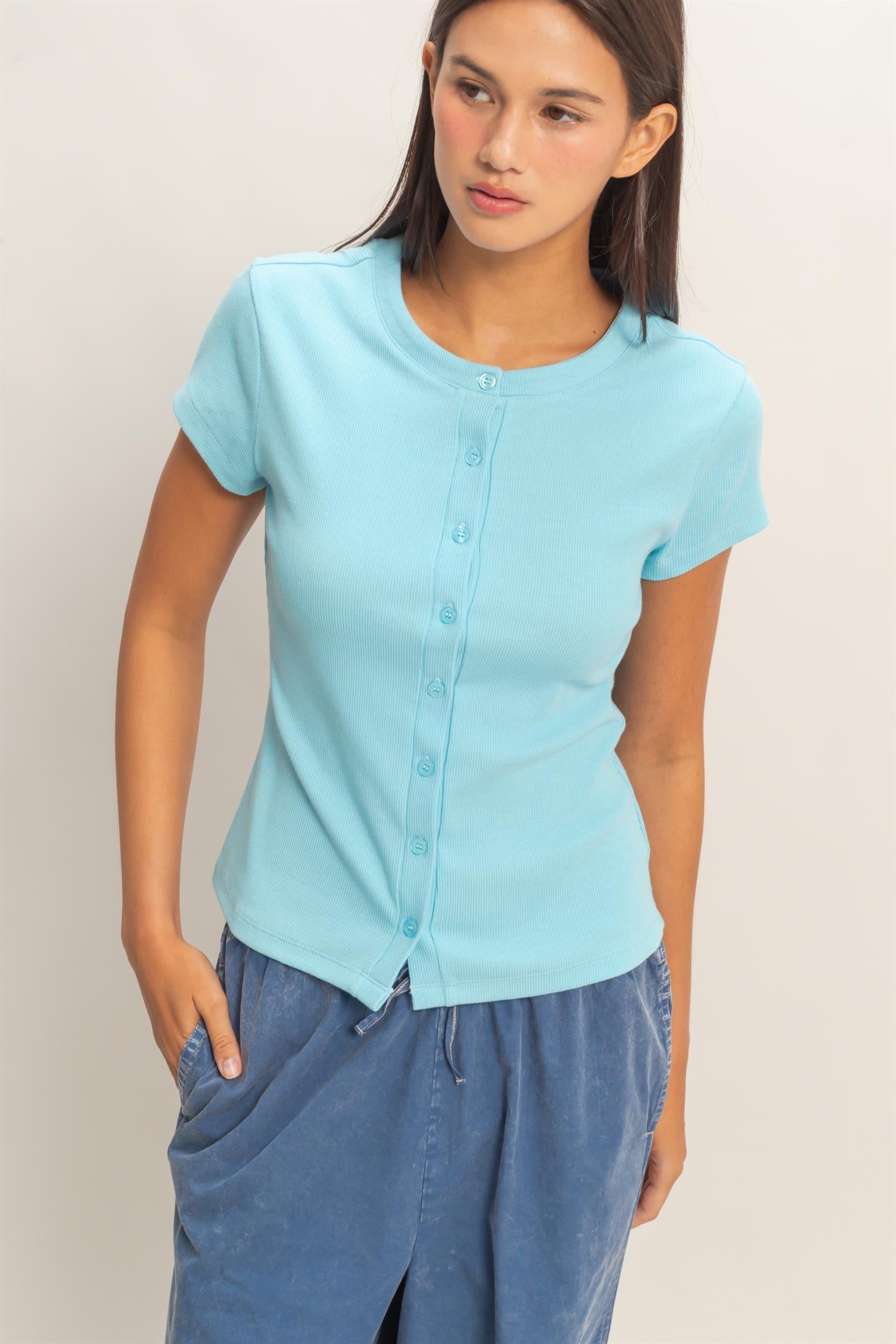 Wholesale Ribbed Button-Front Crew Neck Top Clothing Tops DZ26A727 BLUE DOUBLE ZERO