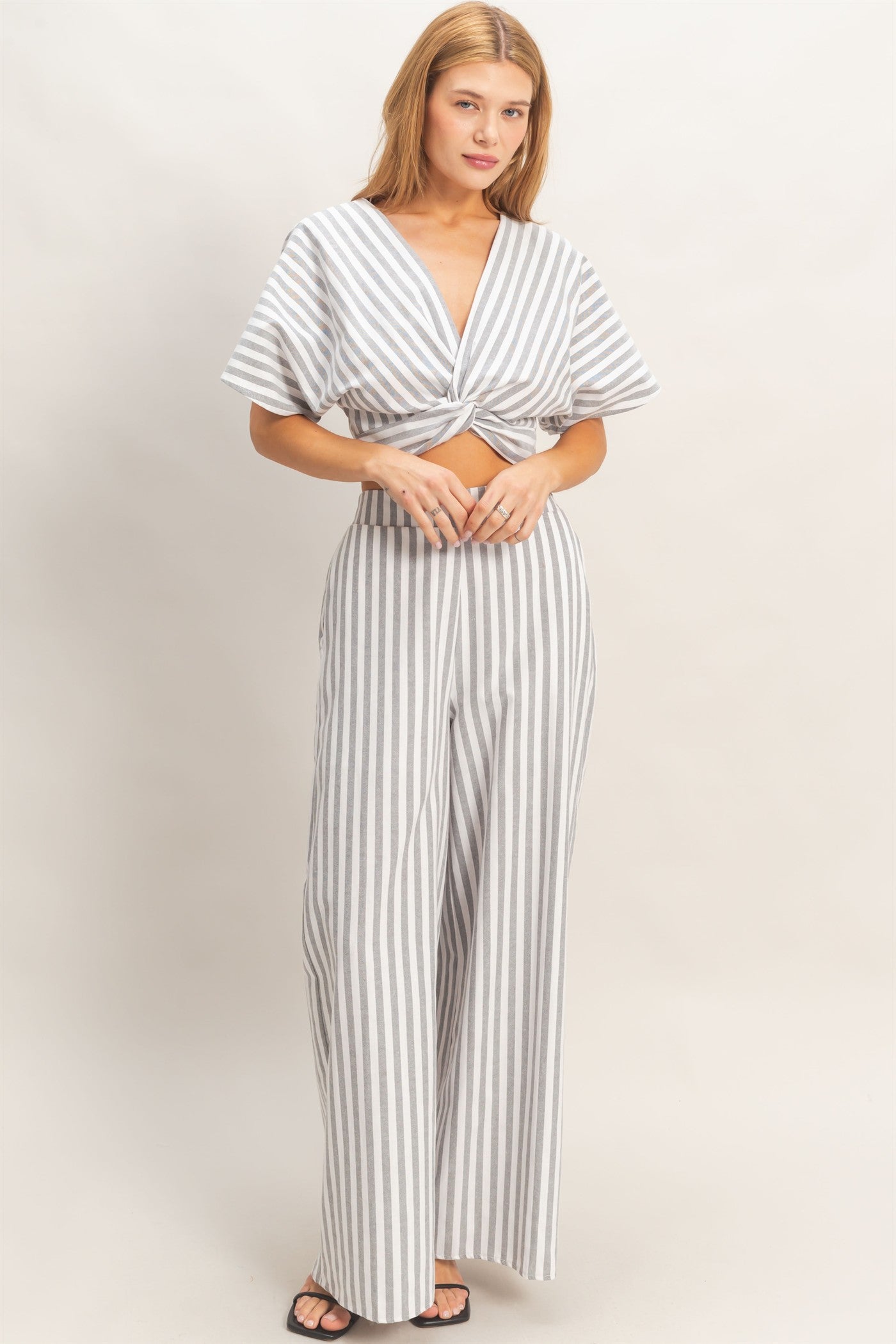 Wholesale Striped Twist Front Top & Pants Clothing HF26A692-SET BLACK DOUBLE ZERO