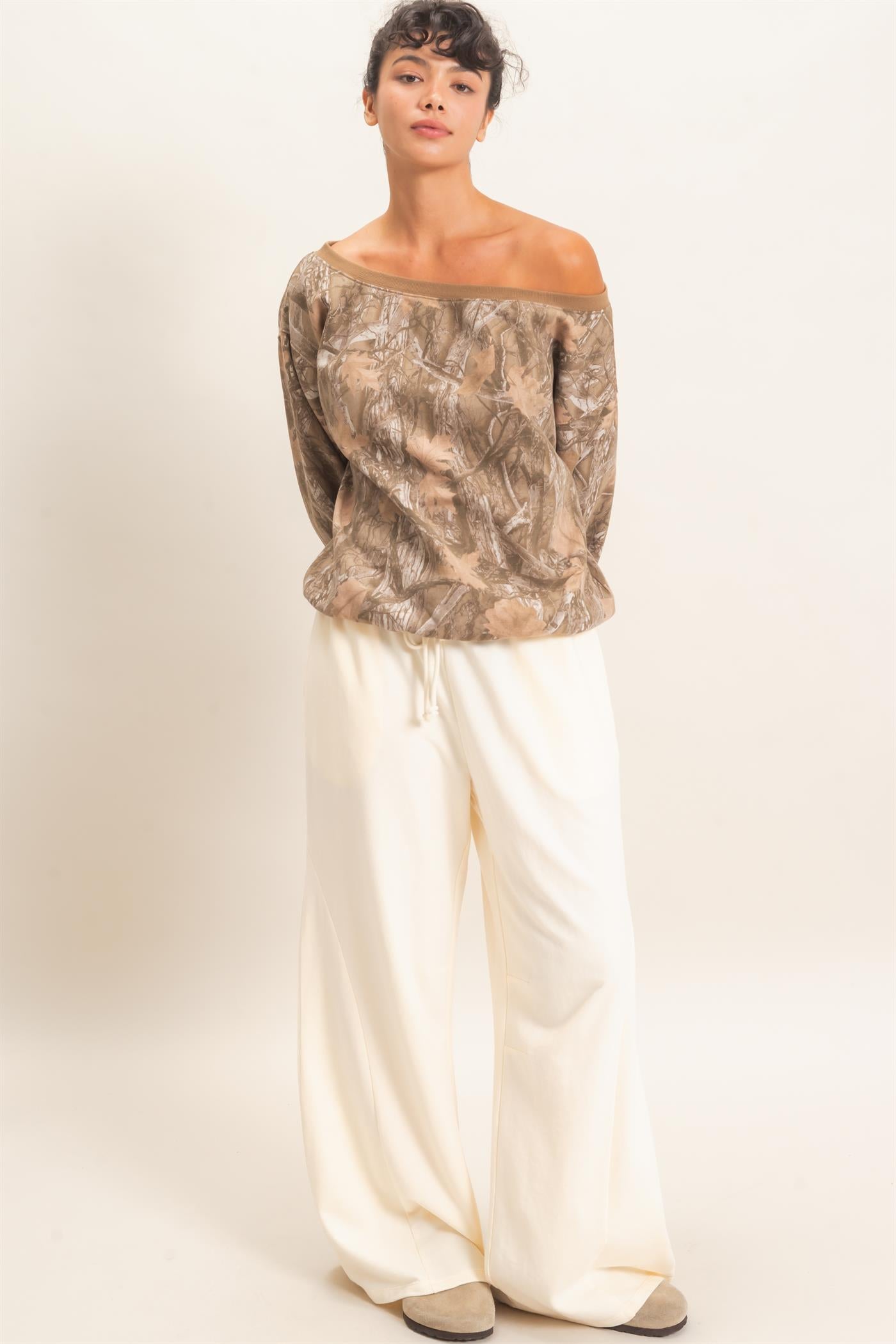 Wholesale Tree Camouflage Print Off The Shoulder Sweatshirt Sweatshirts DZ26F310 BROWN DOUBLE ZERO
