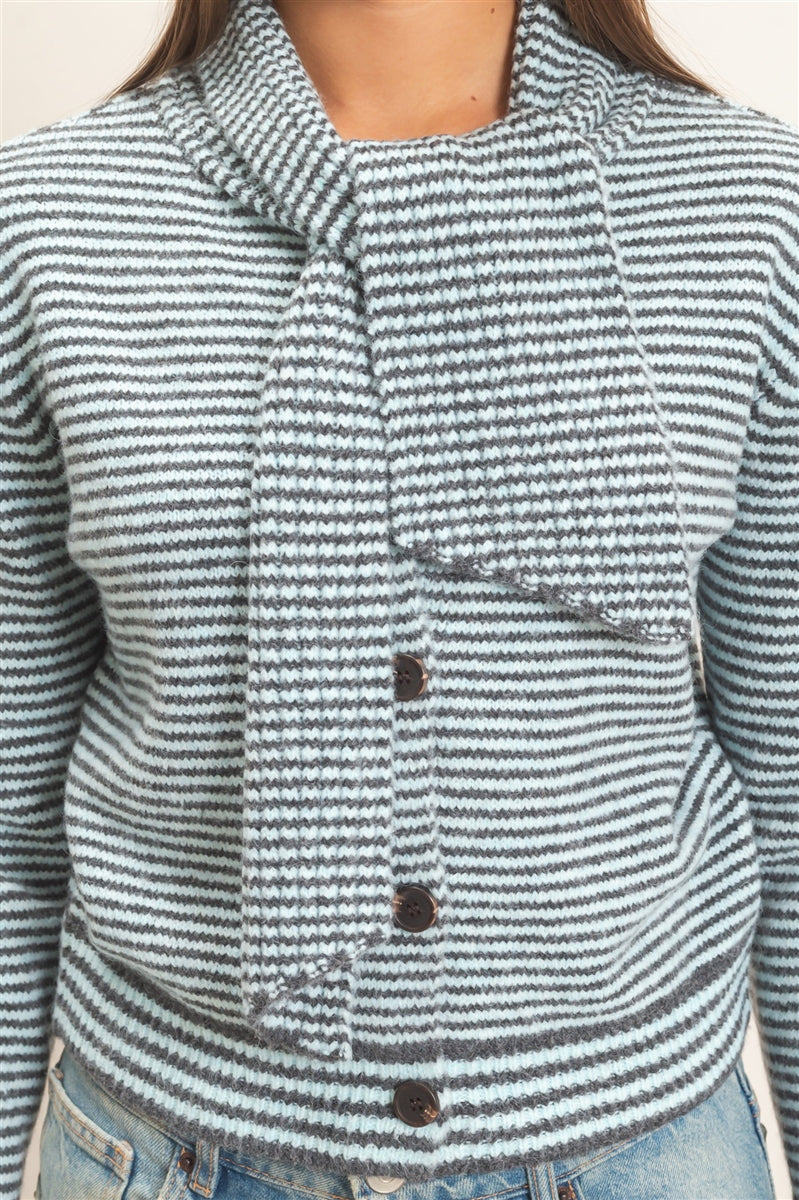 Wholesale Striped Cardigan With Scarf Cardigans DZ26E930 ICE BLUE DOUBLE ZERO