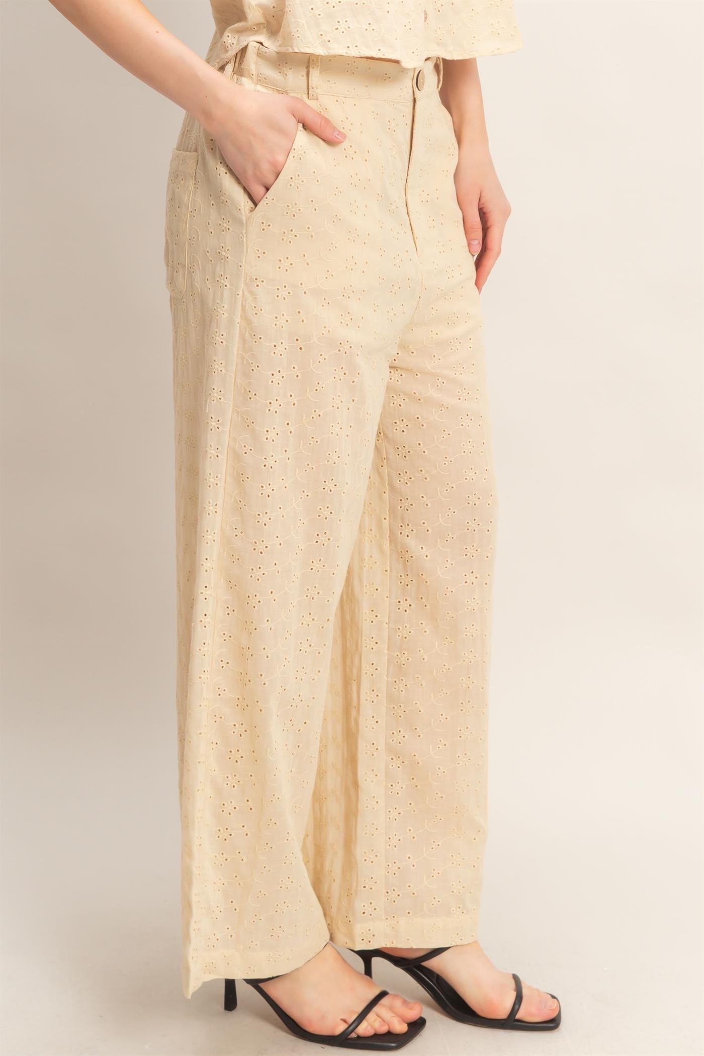 Wholesale Floral Eyelet Pants Pants HF26C542 NATURAL HYFVE
