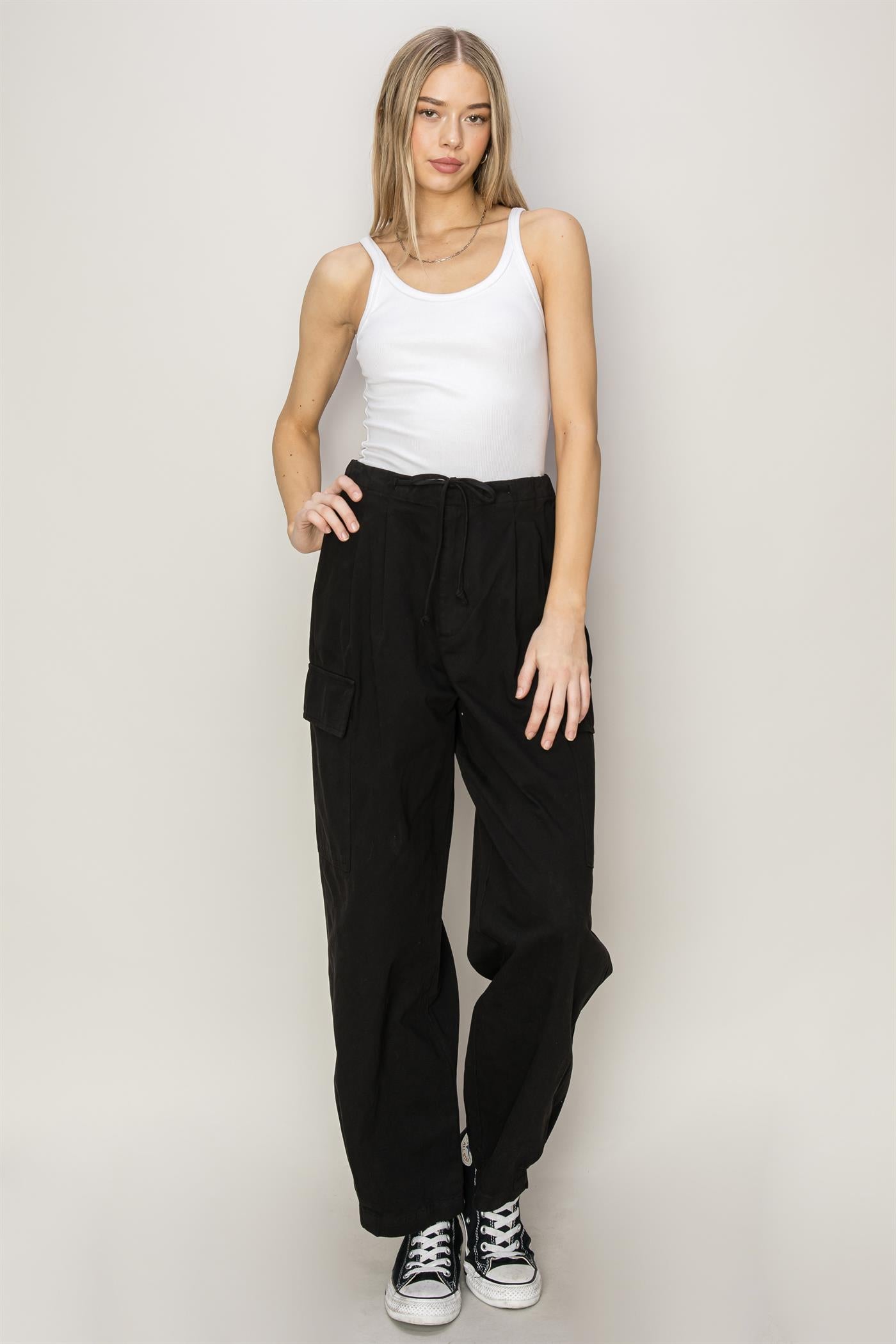 Wholesale High Waist Drawstring Cargo Pants Pants DZ24A650 BLACK DOUBLE ZERO