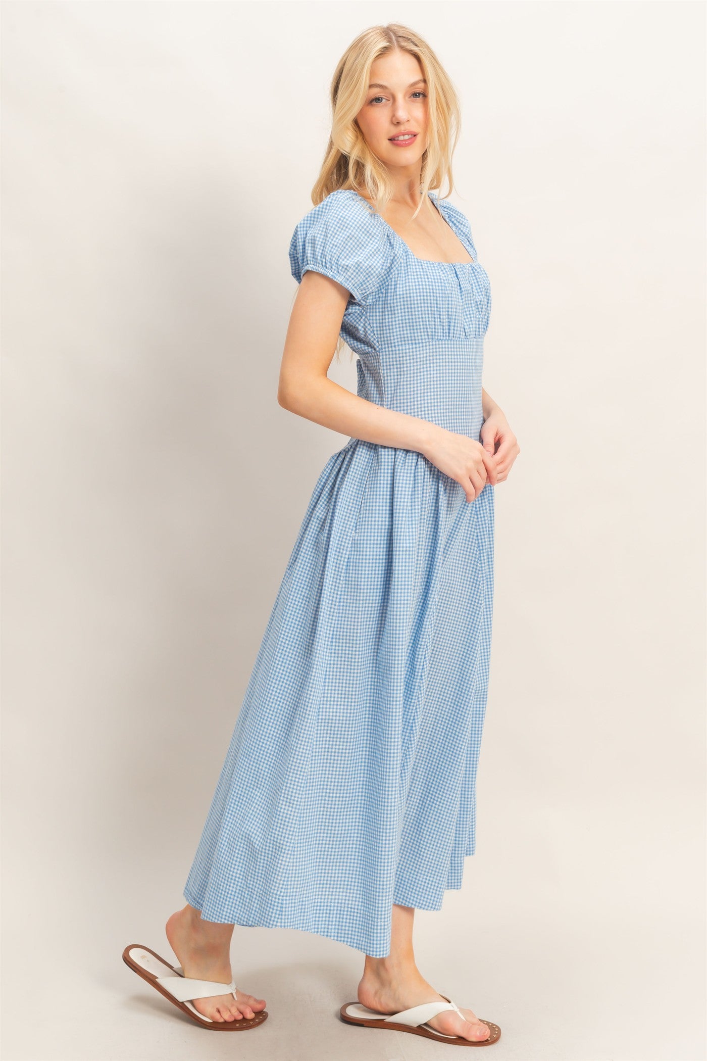 Wholesale Gingham Puff Sleeve Dress Dresses HF26A321 BLUE HYFVE