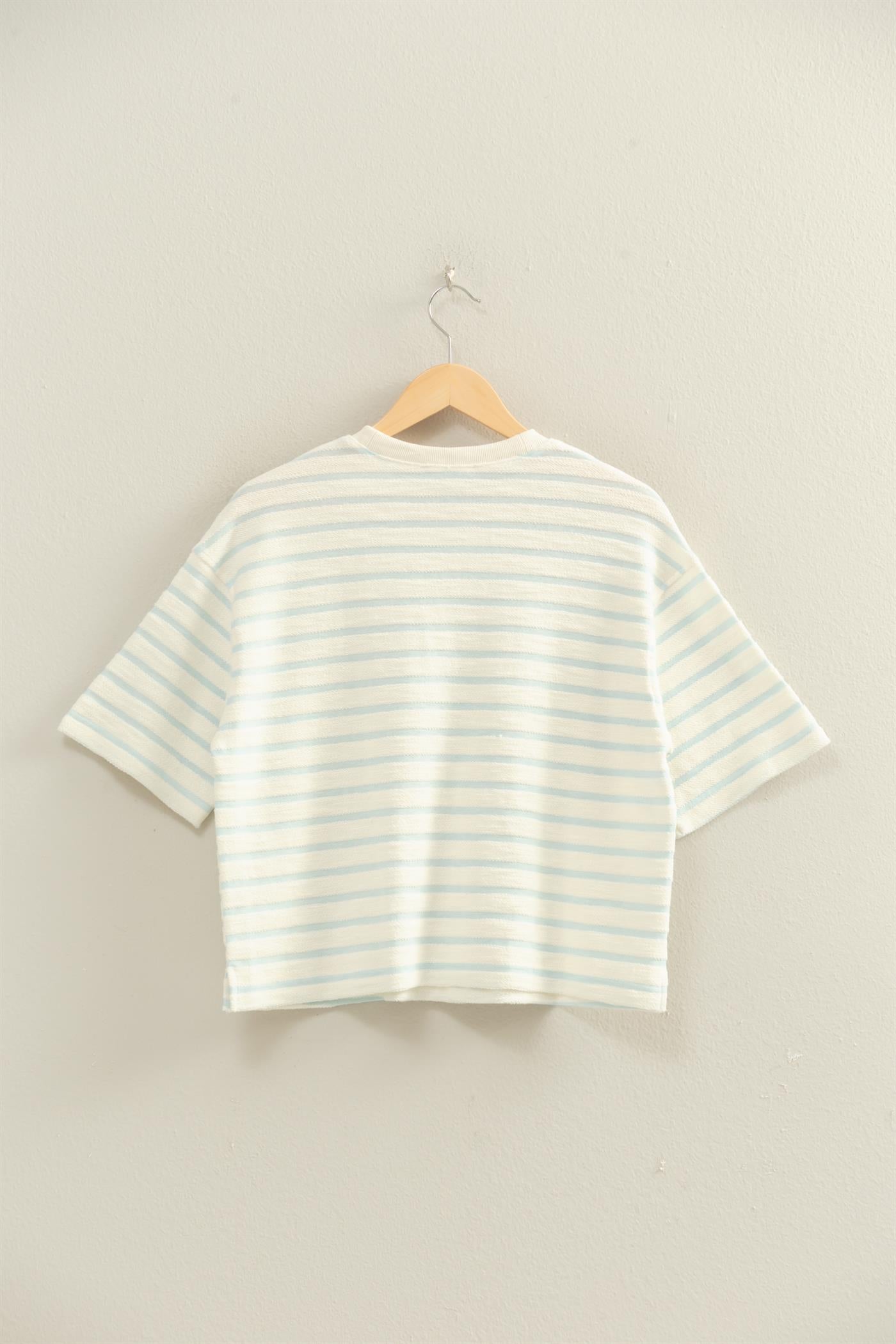 Wholesale Striped Short Sleeve Terry Crew Neck Top Clothing Tops DZ26A887 BABY BLUE DOUBLE ZERO