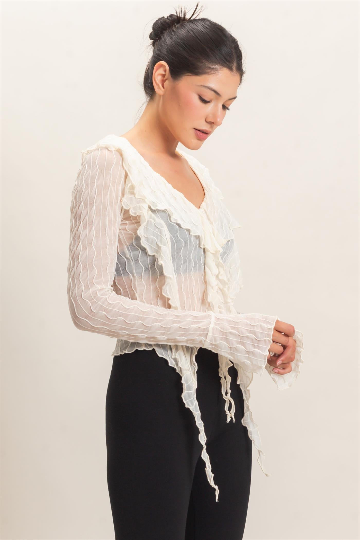 Wholesale Textured V-Neck Tie Front Top Blouses HF26F072 IVORY HYFVE