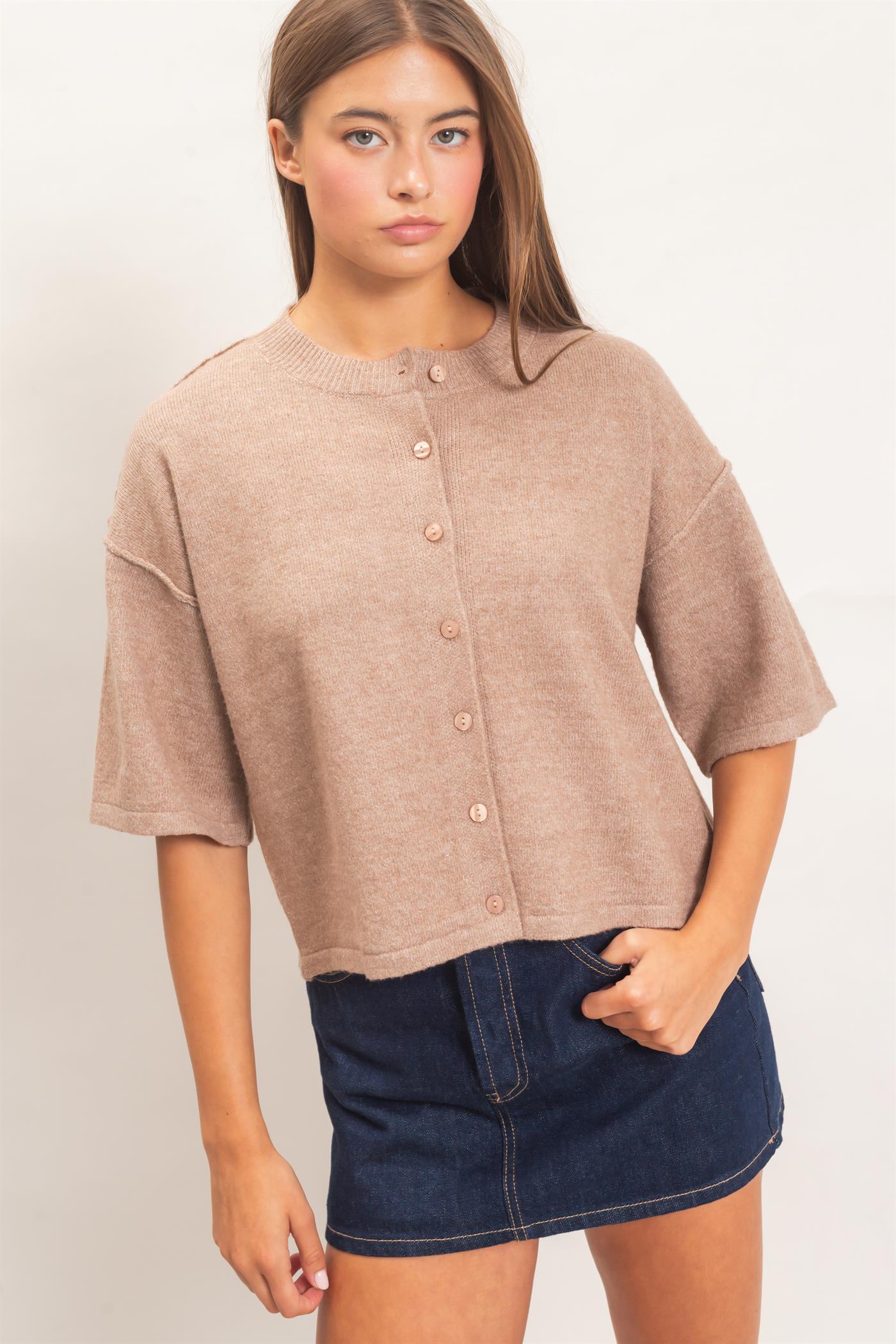 Wholesale Drop Shoulder Short Sleeve Cardigan Cardigans DZ26E238 DARK TAUPE DOUBLE ZERO