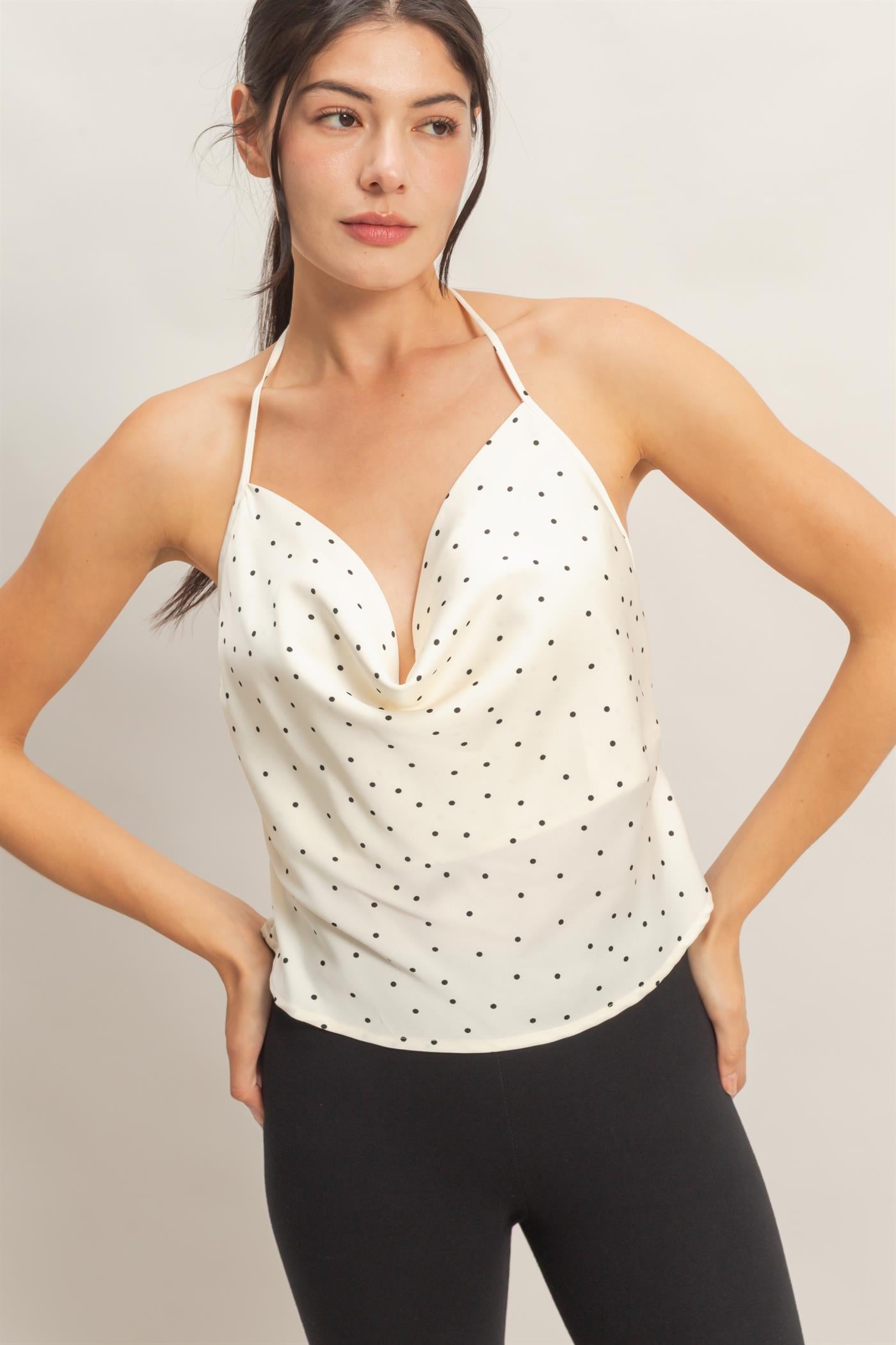 Wholesale Polka Dot Cowl Neck Halter Top Clothing Tops HF26C525 IVORY HYFVE