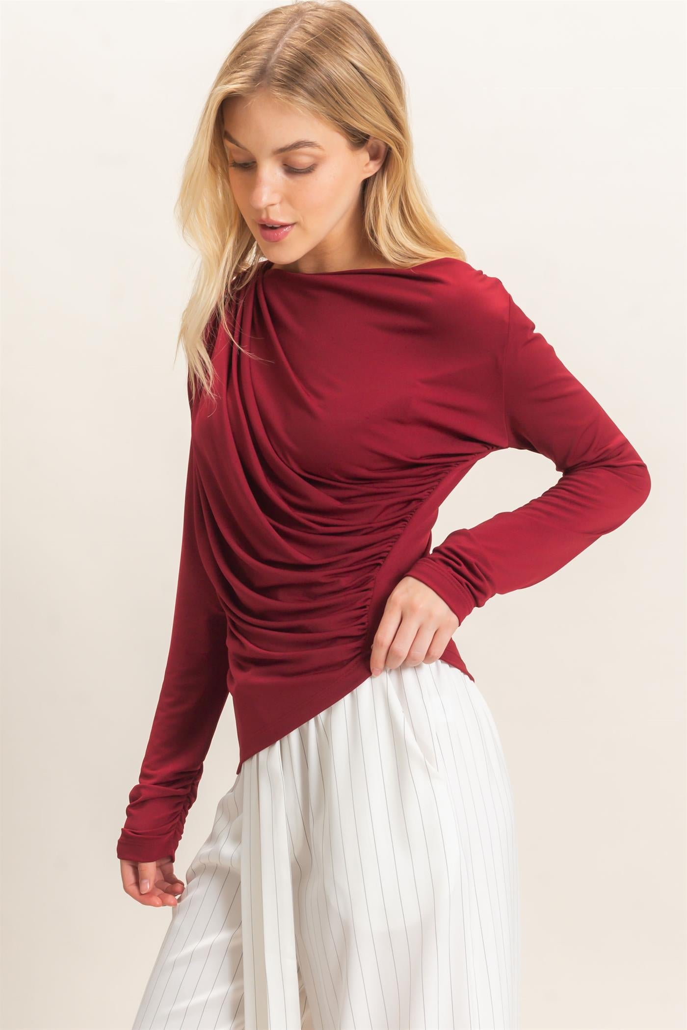 Wholesale Asymmetrical Ruched Long Sleeve Top Clothing Tops HF26C683 DARK RED HYFVE