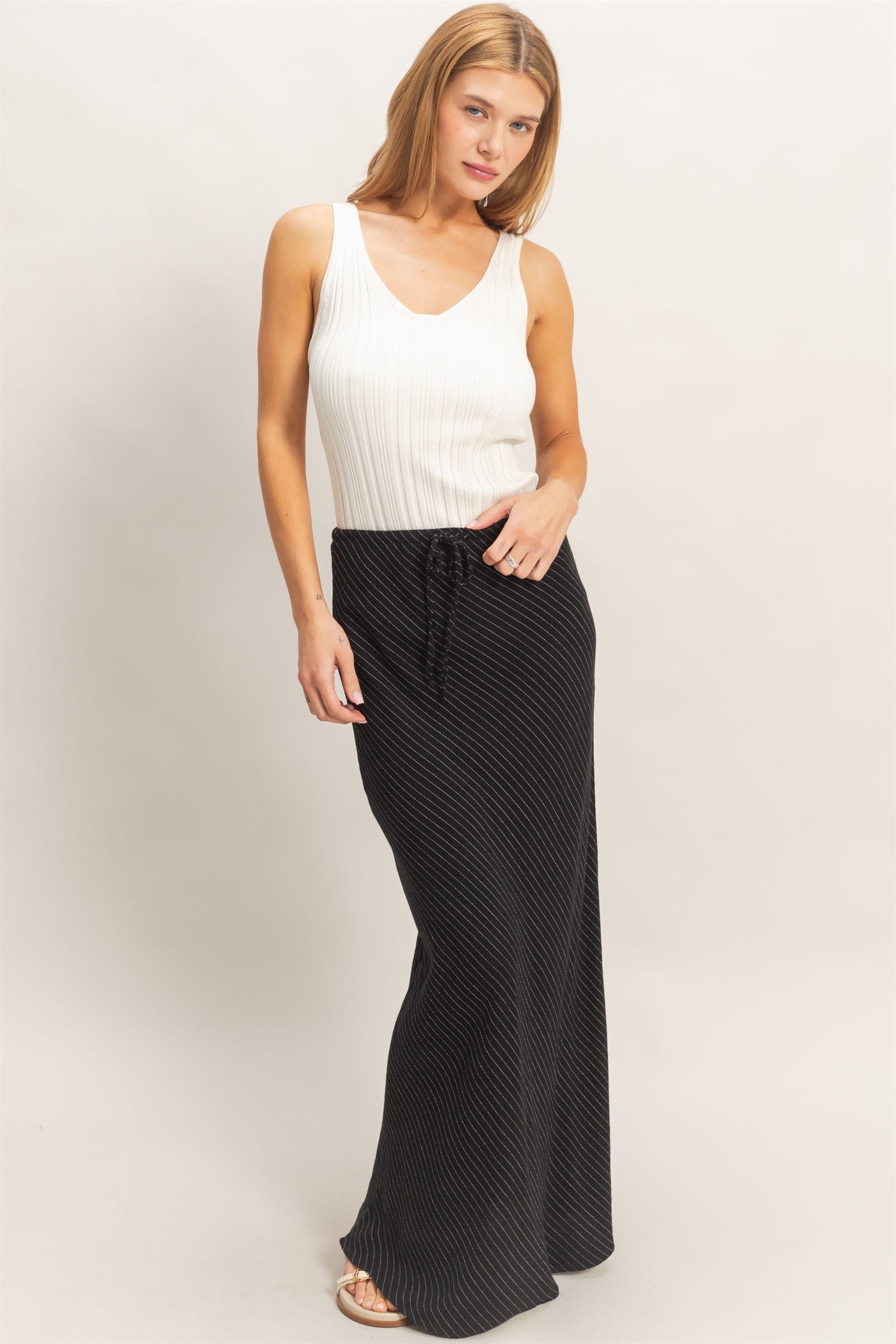 Wholesale Bias Cut Striped Midi Skirt Skirts HF26C388 BLACK HYFVE