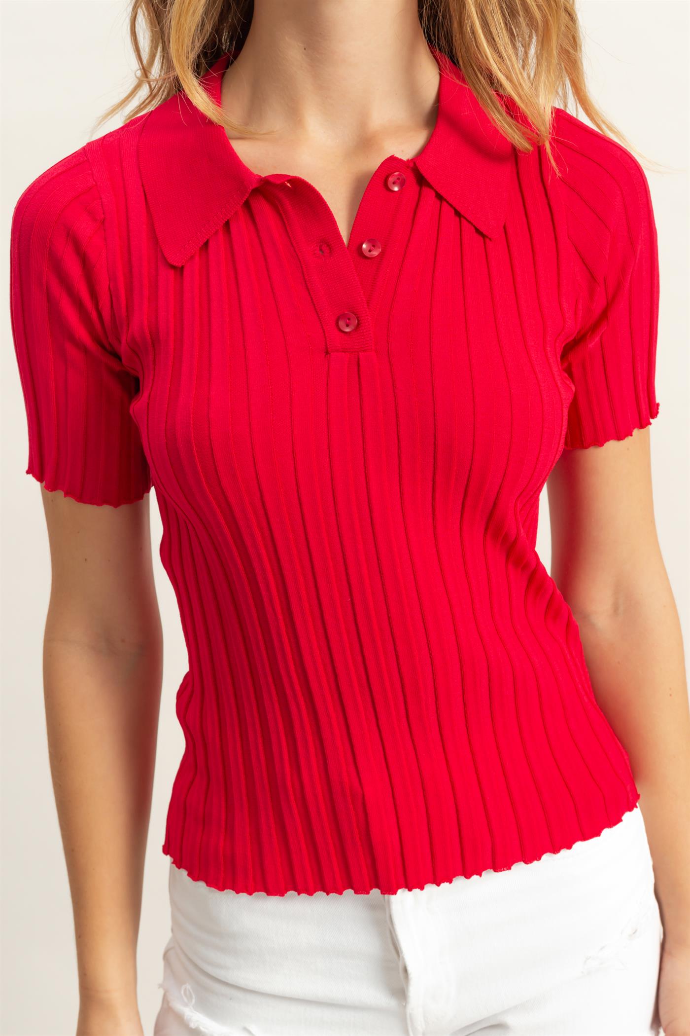 Wholesale Rib Knitted Short Sleeve Polo Top Clothing Tops DZ25C246 RED DOUBLE ZERO