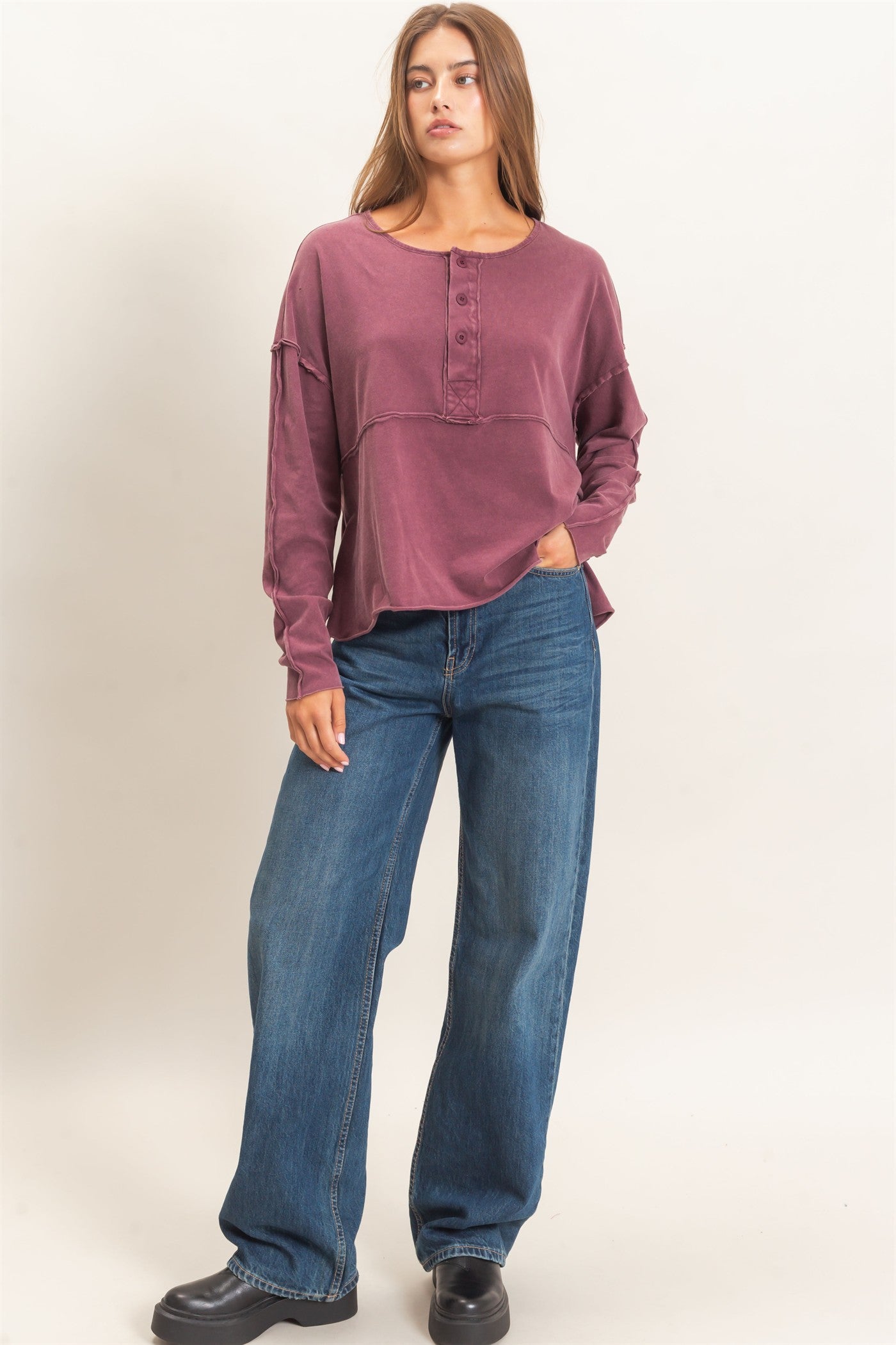 Wholesale Oversized Henley Top With Raw Edges Clothing Tops DZ26F128 DARK CHERRY DOUBLE ZERO